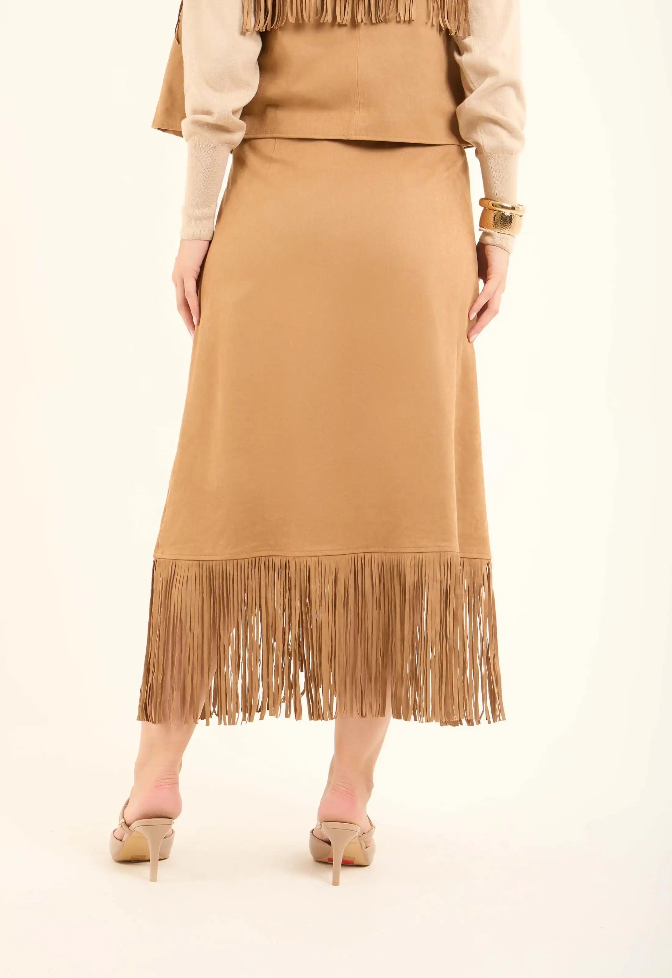 Suede Asymmetrical Skirt with Fringe