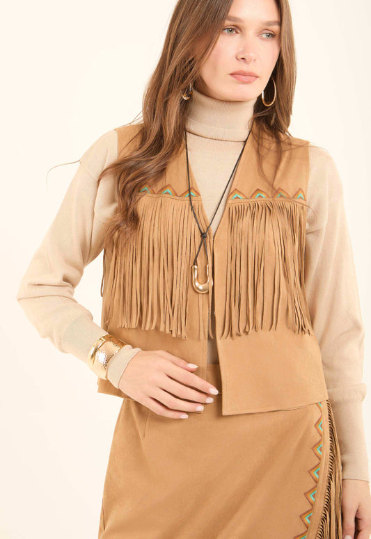 Fashionable Embroidered Boho Vest with Fringes