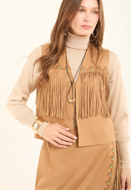 Fashionable Embroidered Boho Vest with Fringes
