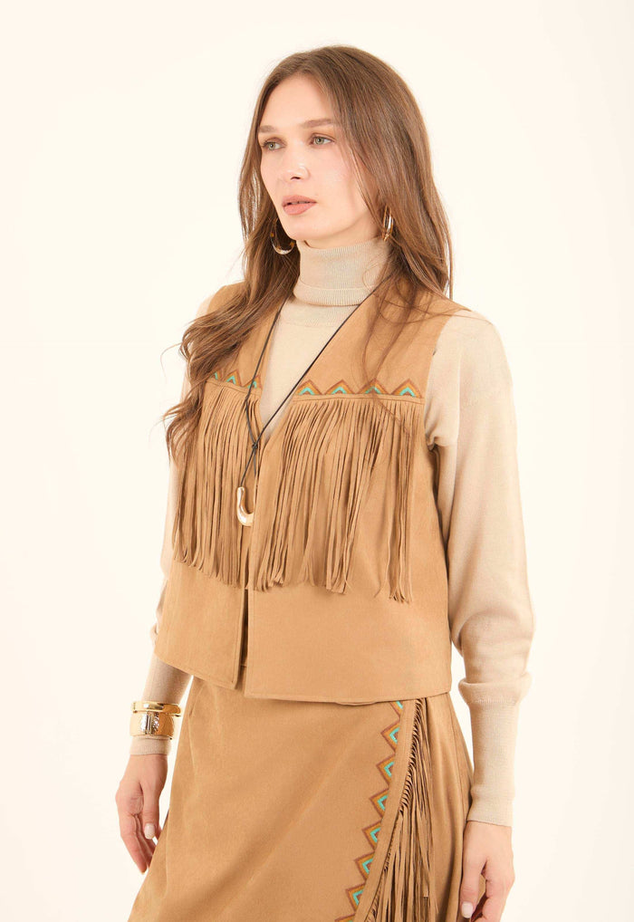 Fashionable Embroidered Boho Vest with Fringes