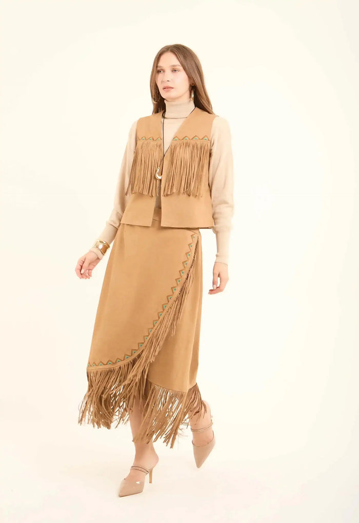 Fashionable Embroidered Boho Vest with Fringes