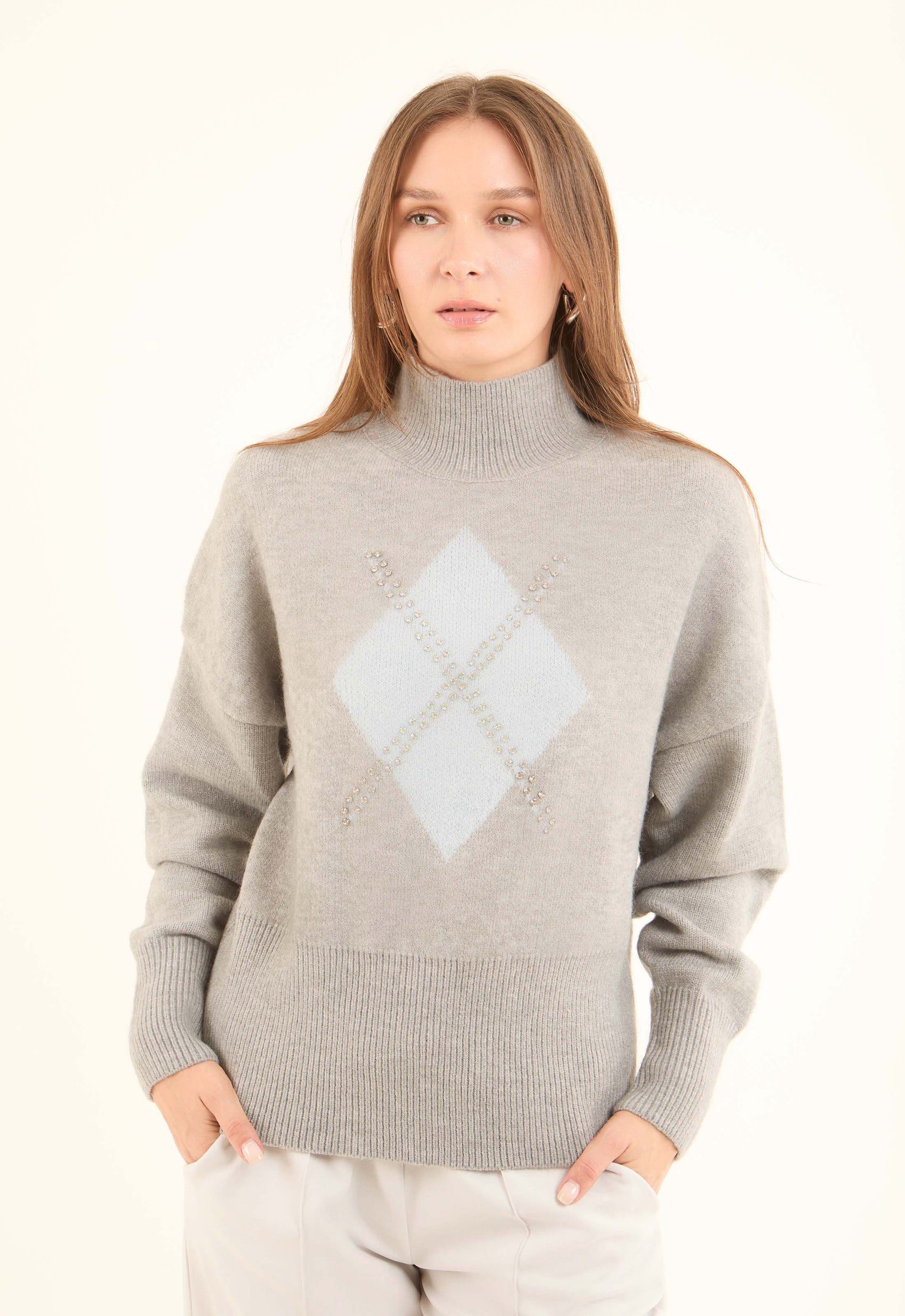 Front Stitched Crystal Studs Casual Pullover