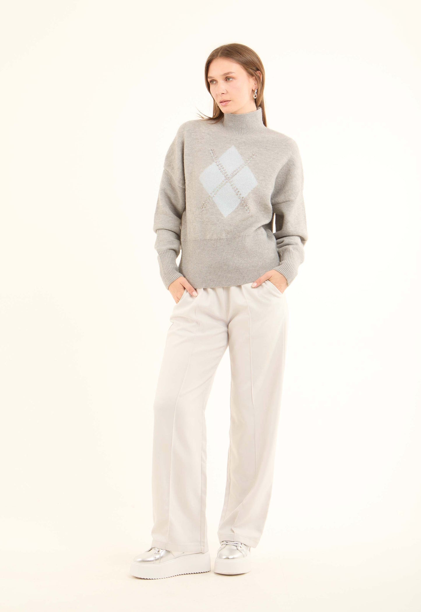 Front Stitched Crystal Studs Casual Pullover
