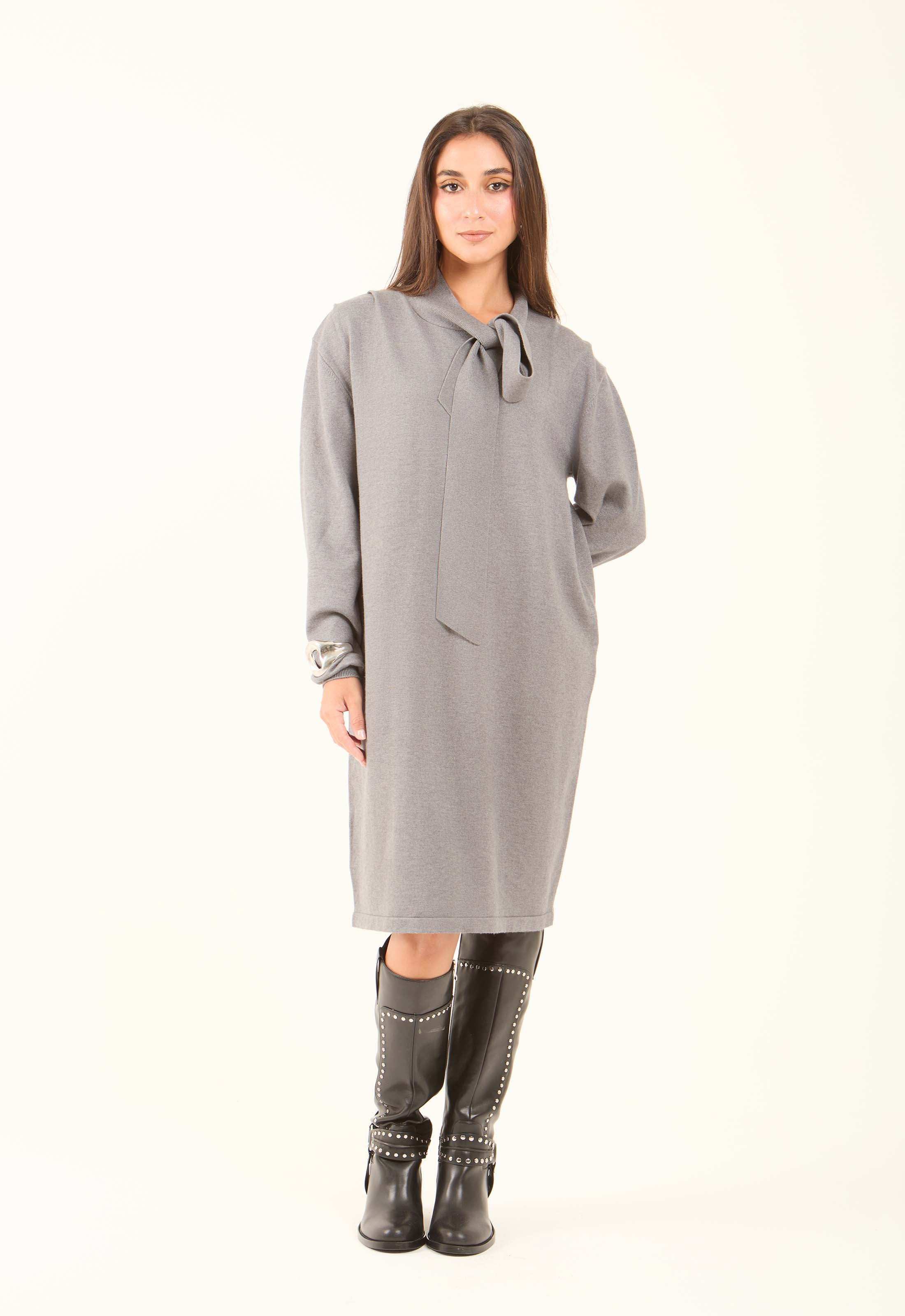 Slip On Winter Dress with Tie Neck