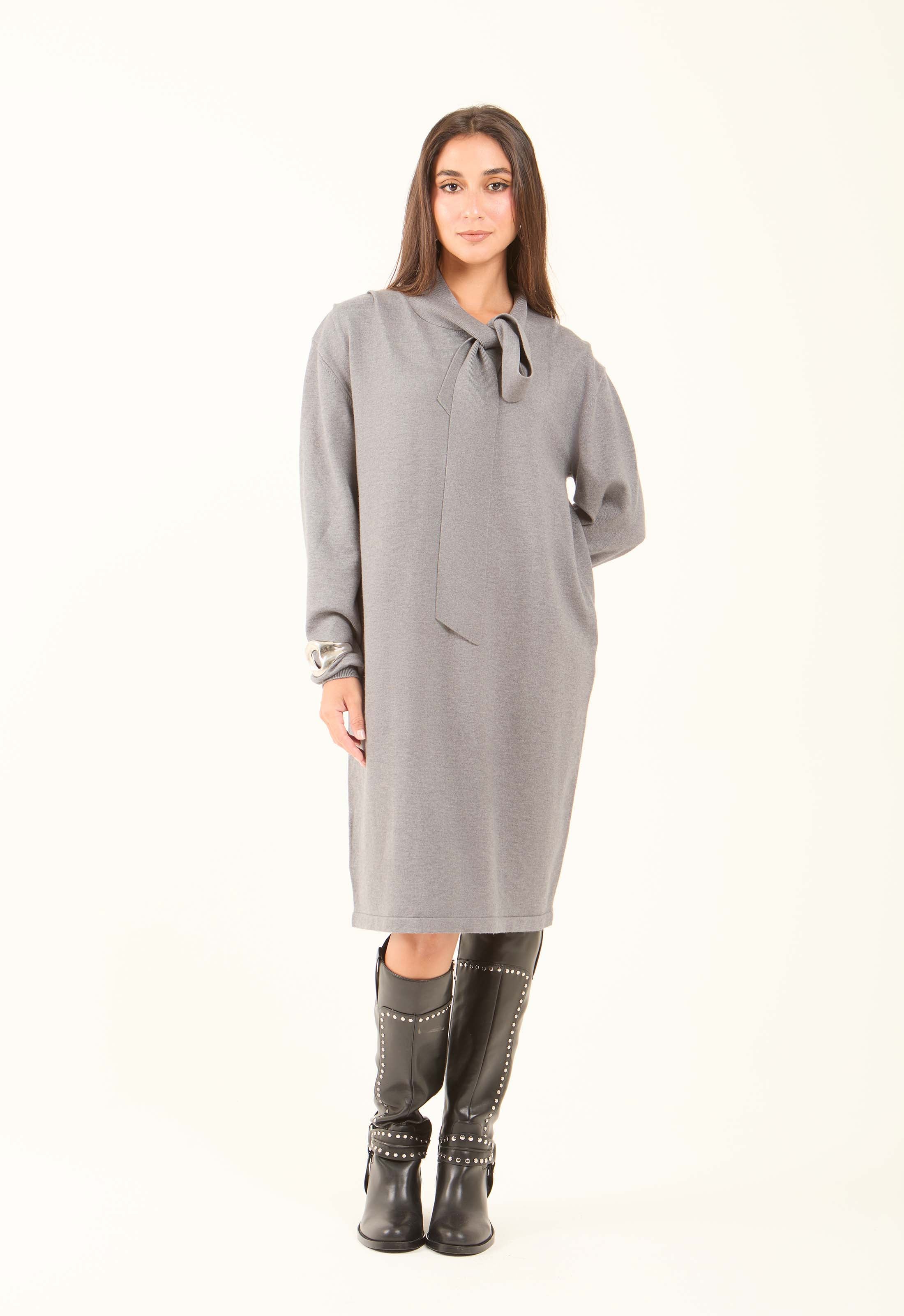 Slip On Winter Dress with Tie Neck