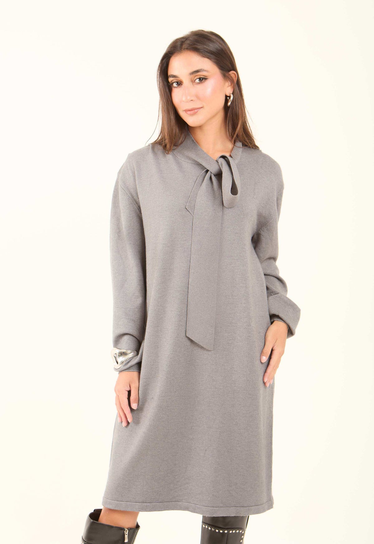 Slip On Winter Dress with Tie Neck