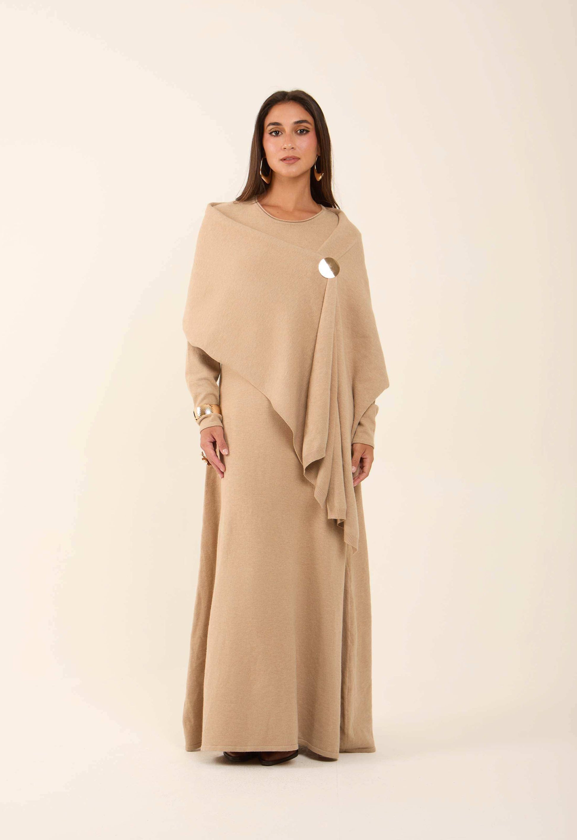 Neutral Flow Dress with Decorative Drape Shawl