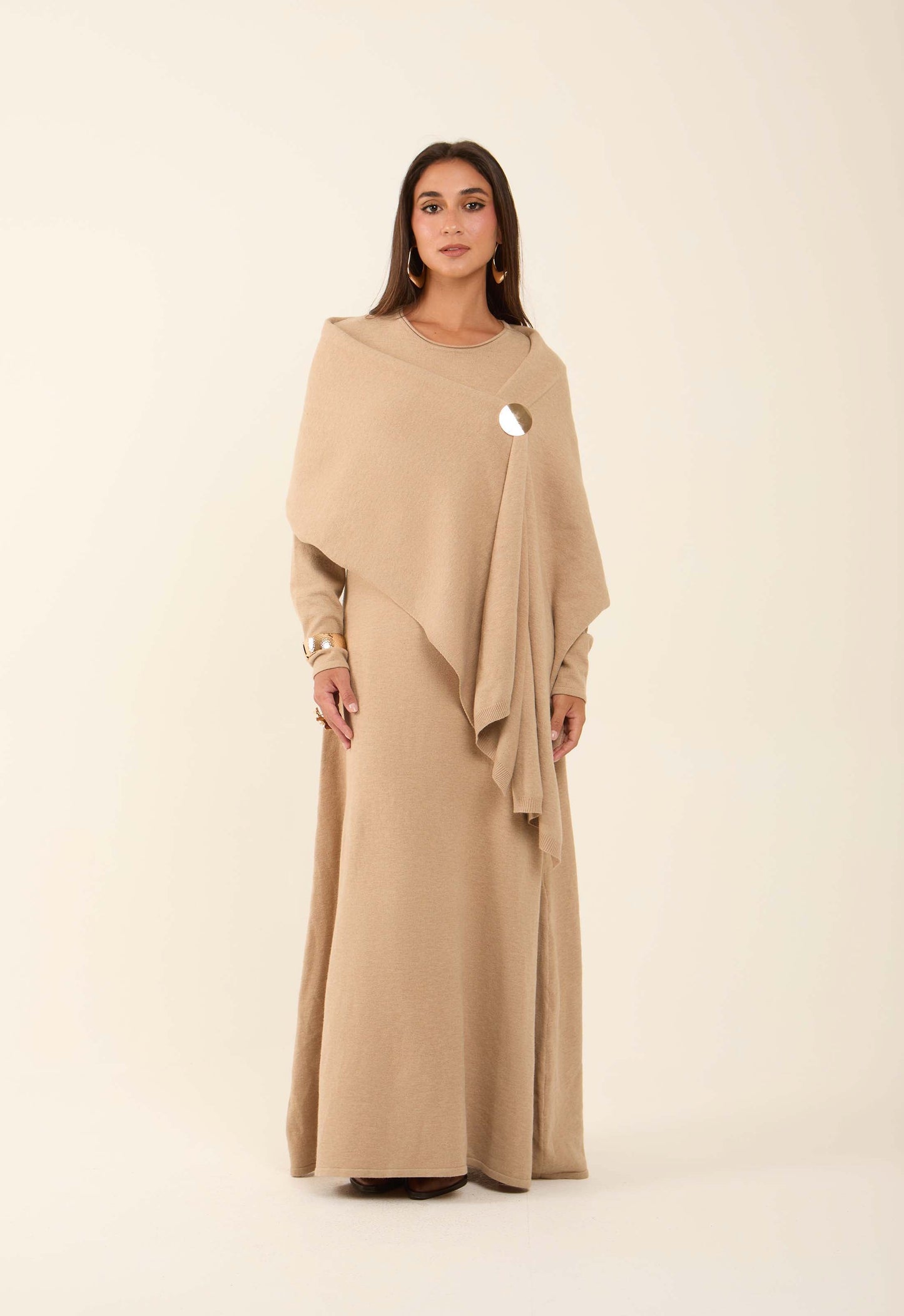 Neutral Flow Dress with Decorative Drape Shawl