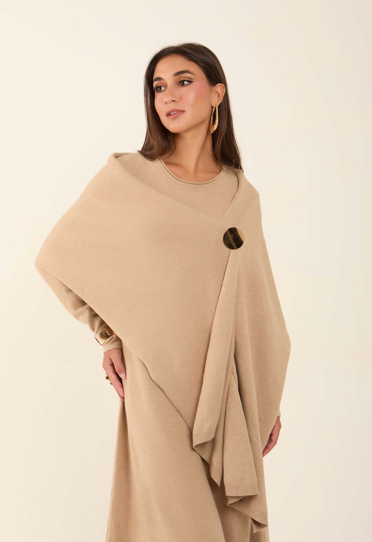 Neutral Flow Dress with Decorative Drape Shawl