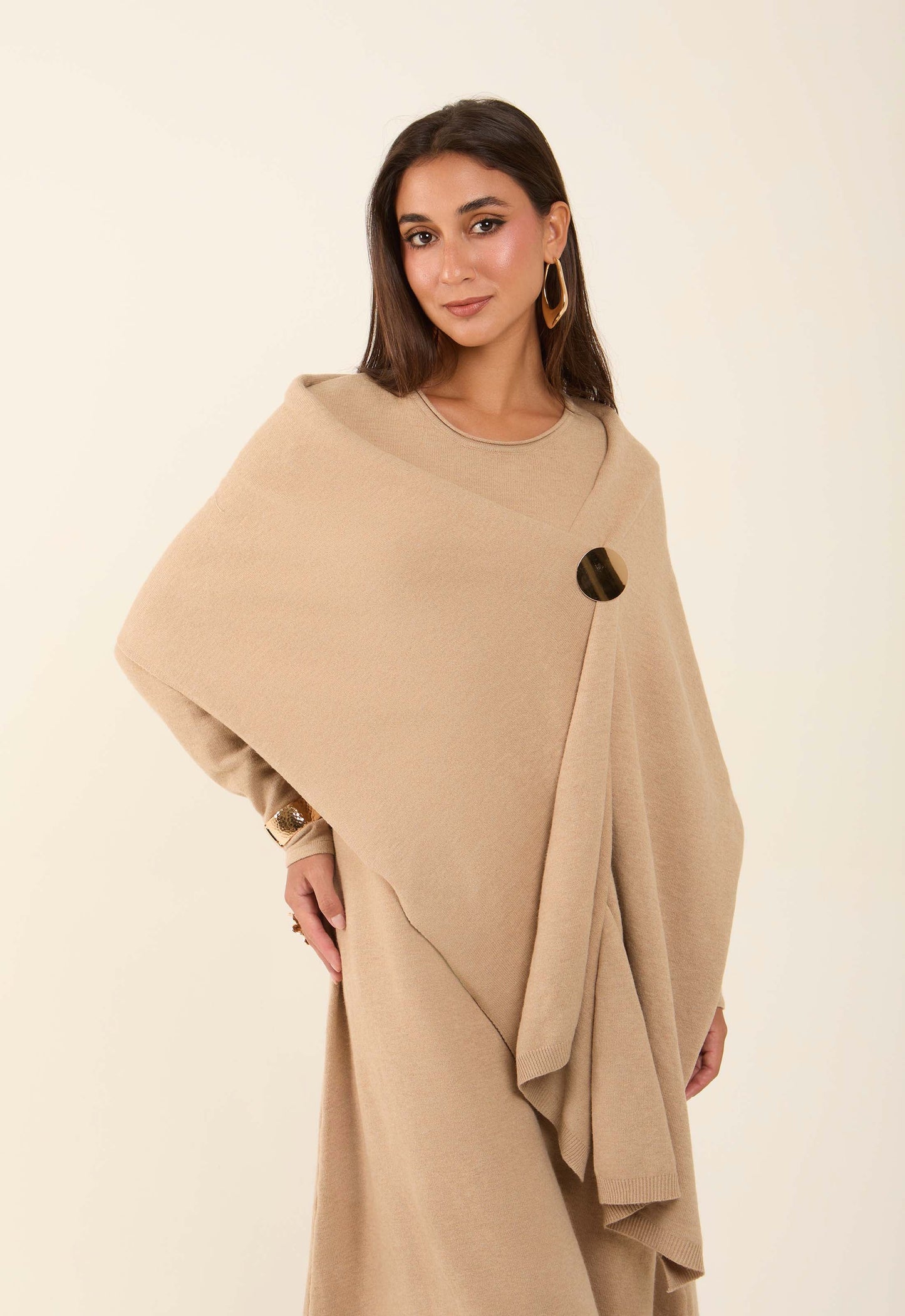 Neutral Flow Dress with Decorative Drape Shawl