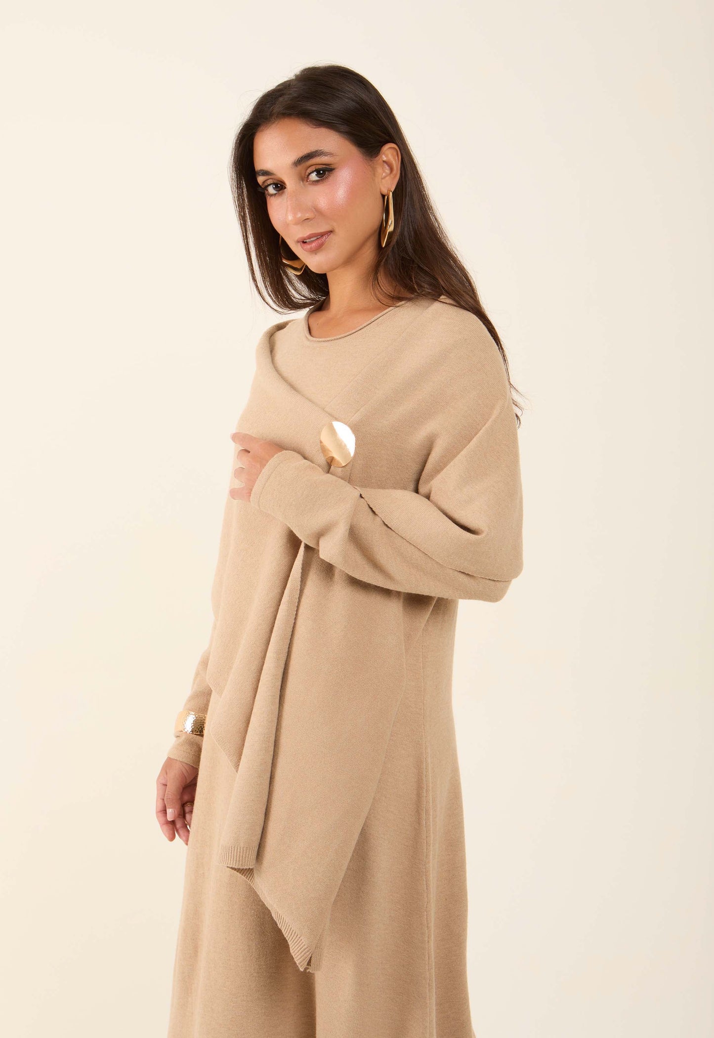 Neutral Flow Dress with Decorative Drape Shawl