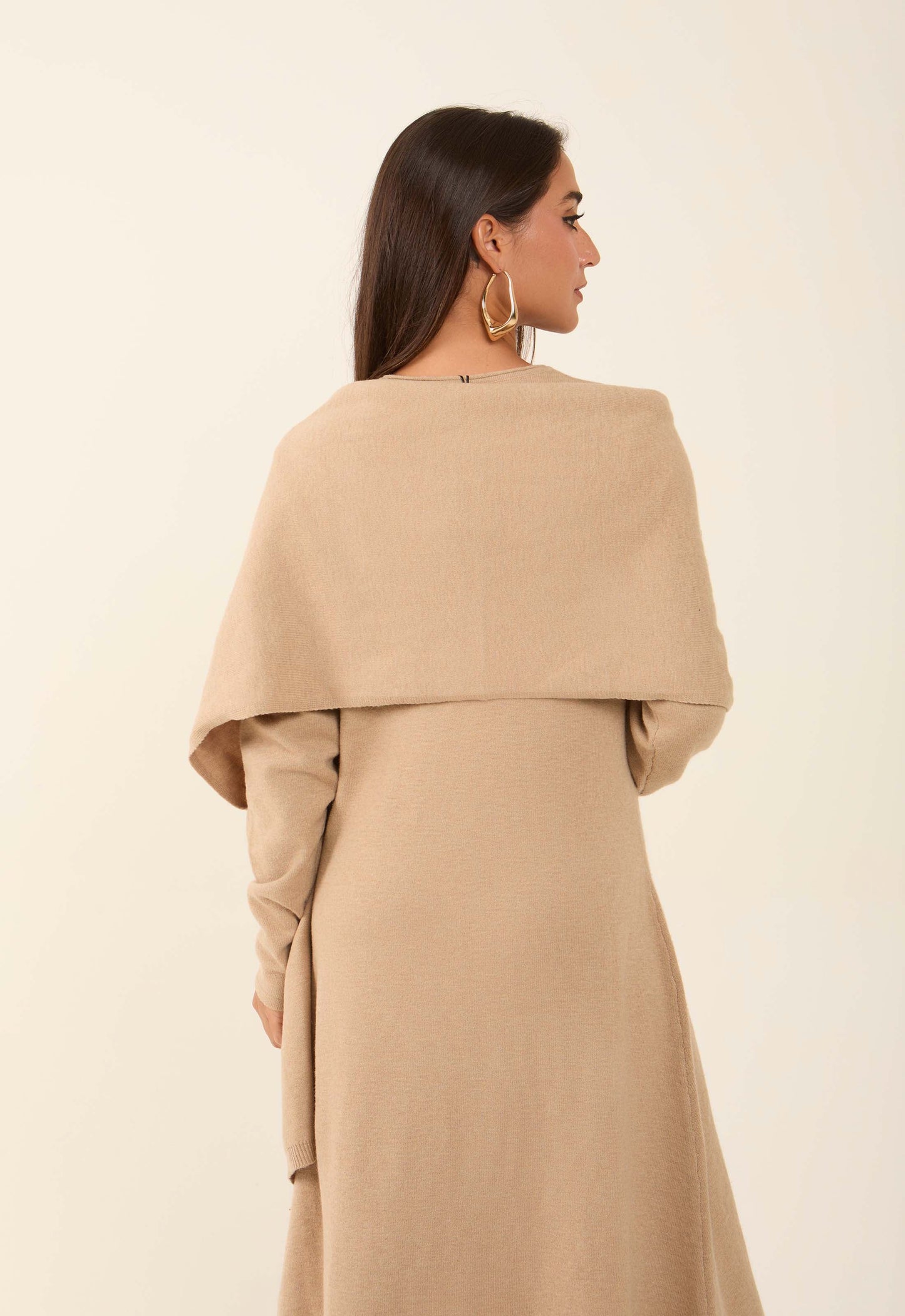 Neutral Flow Dress with Decorative Drape Shawl