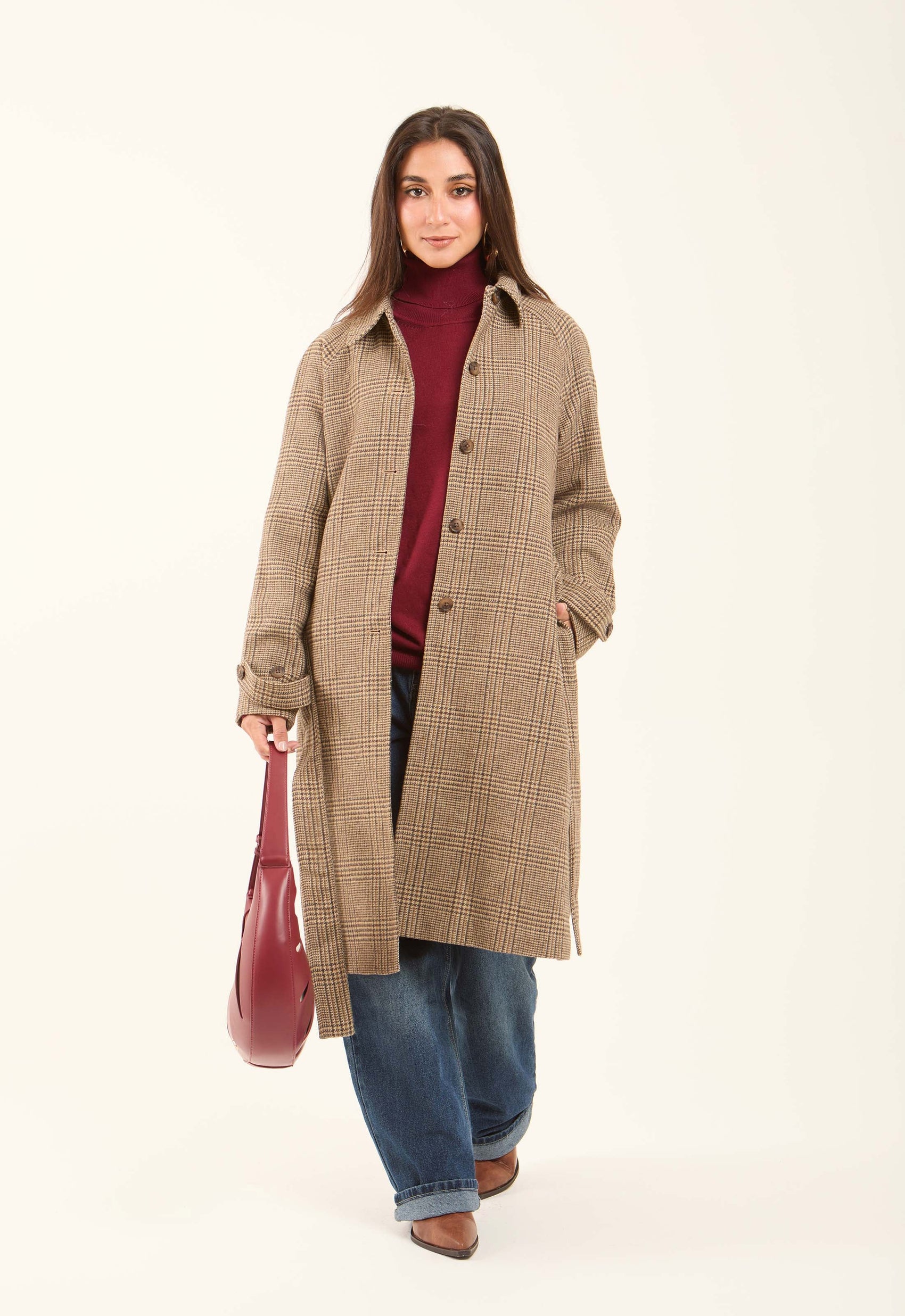 Wool-Blend Checked Long Coat