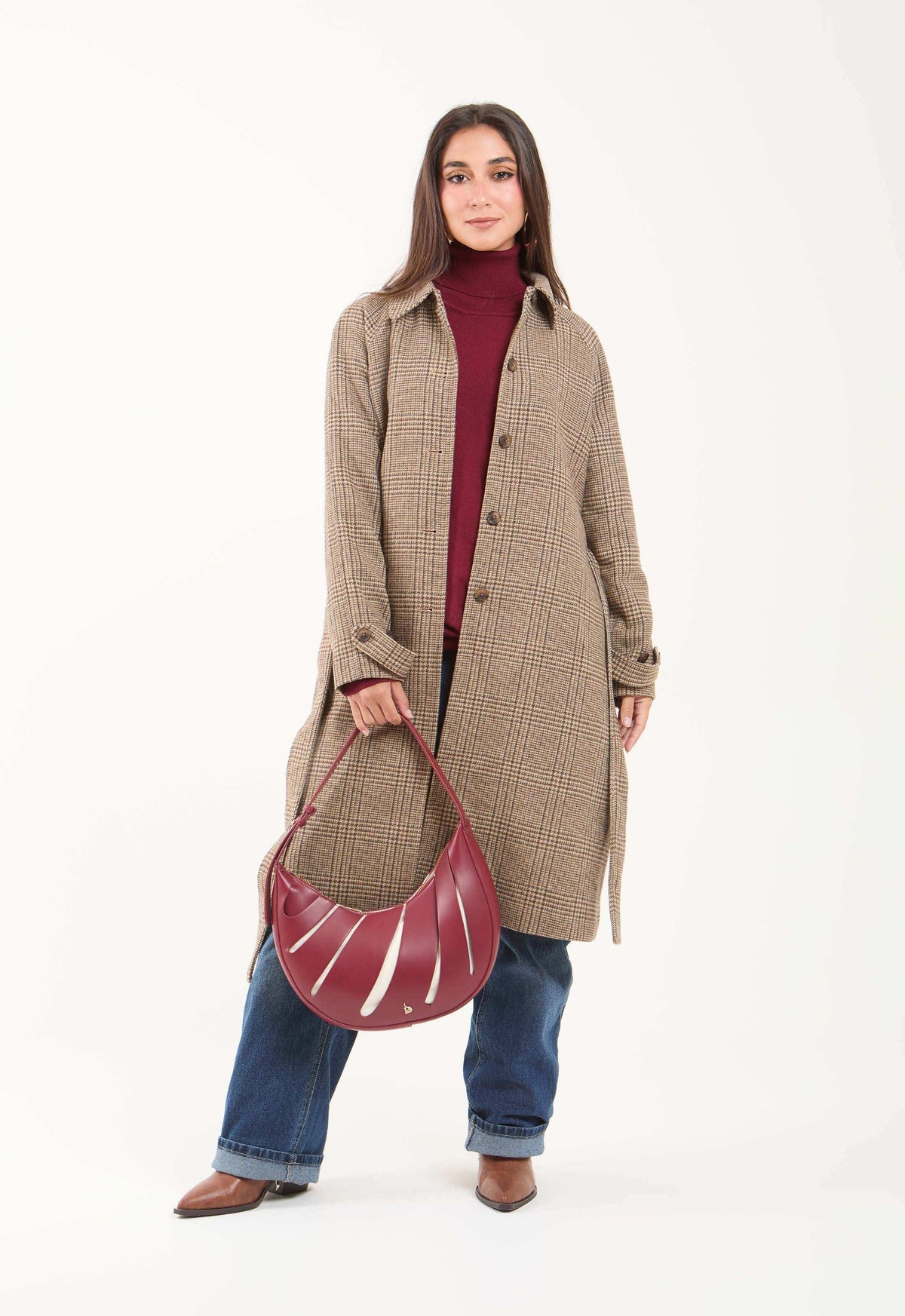 Wool-Blend Checked Long Coat