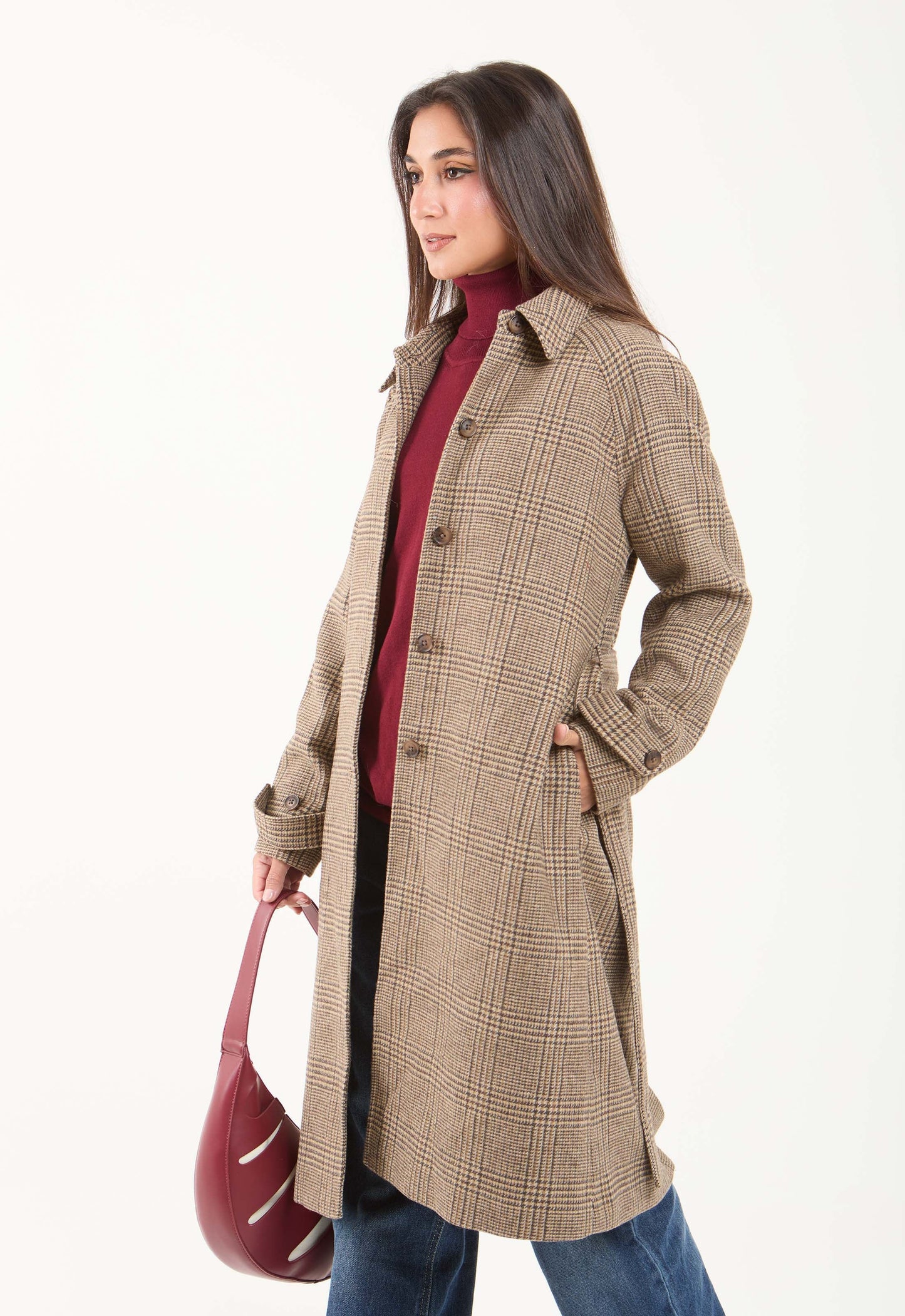 Wool-Blend Checked Long Coat