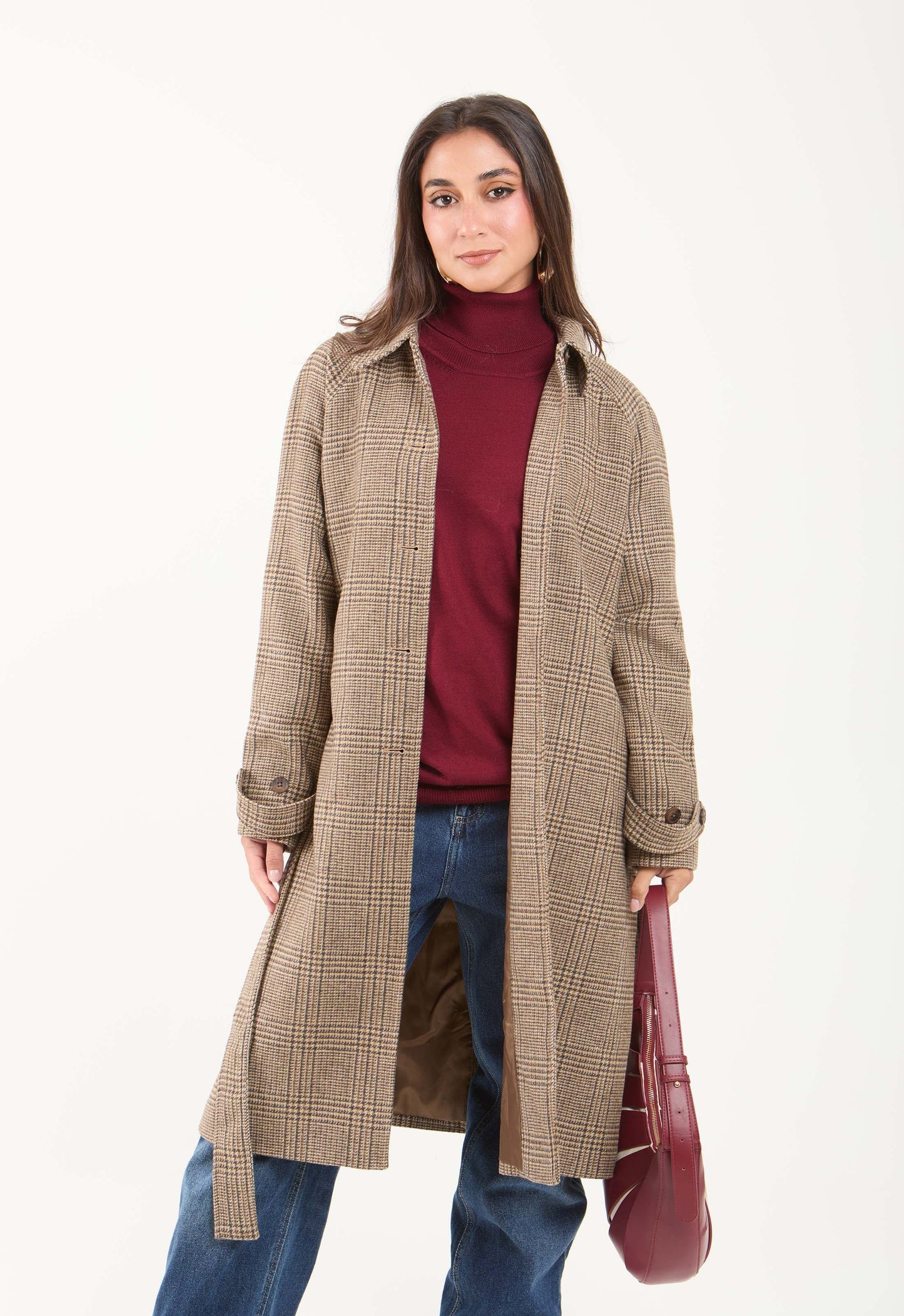 Wool-Blend Checked Long Coat