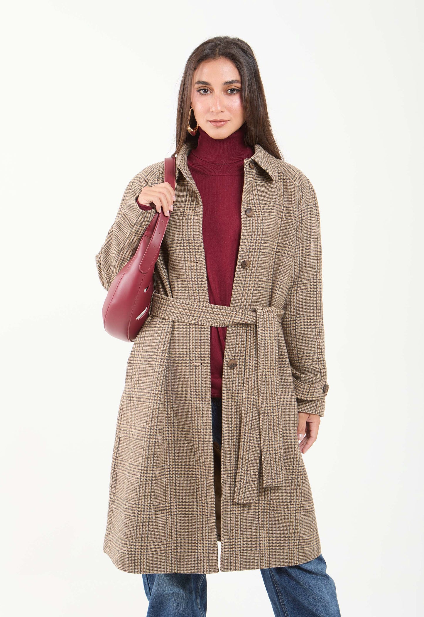 Wool-Blend Checked Long Coat