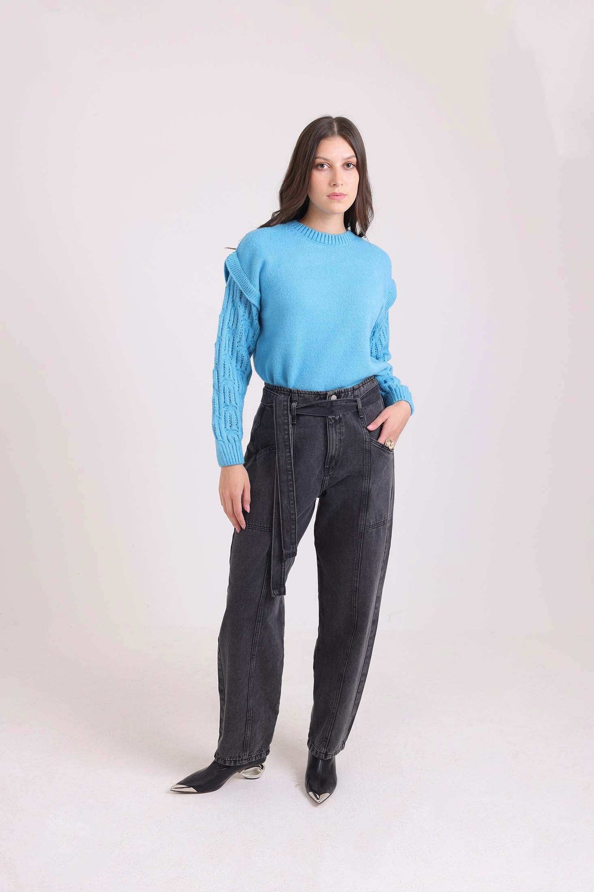 Slip On Solid Pullover with Knitted Sleeve
