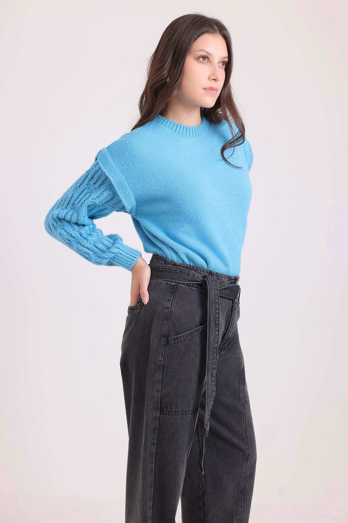 Slip On Solid Pullover with Knitted Sleeve