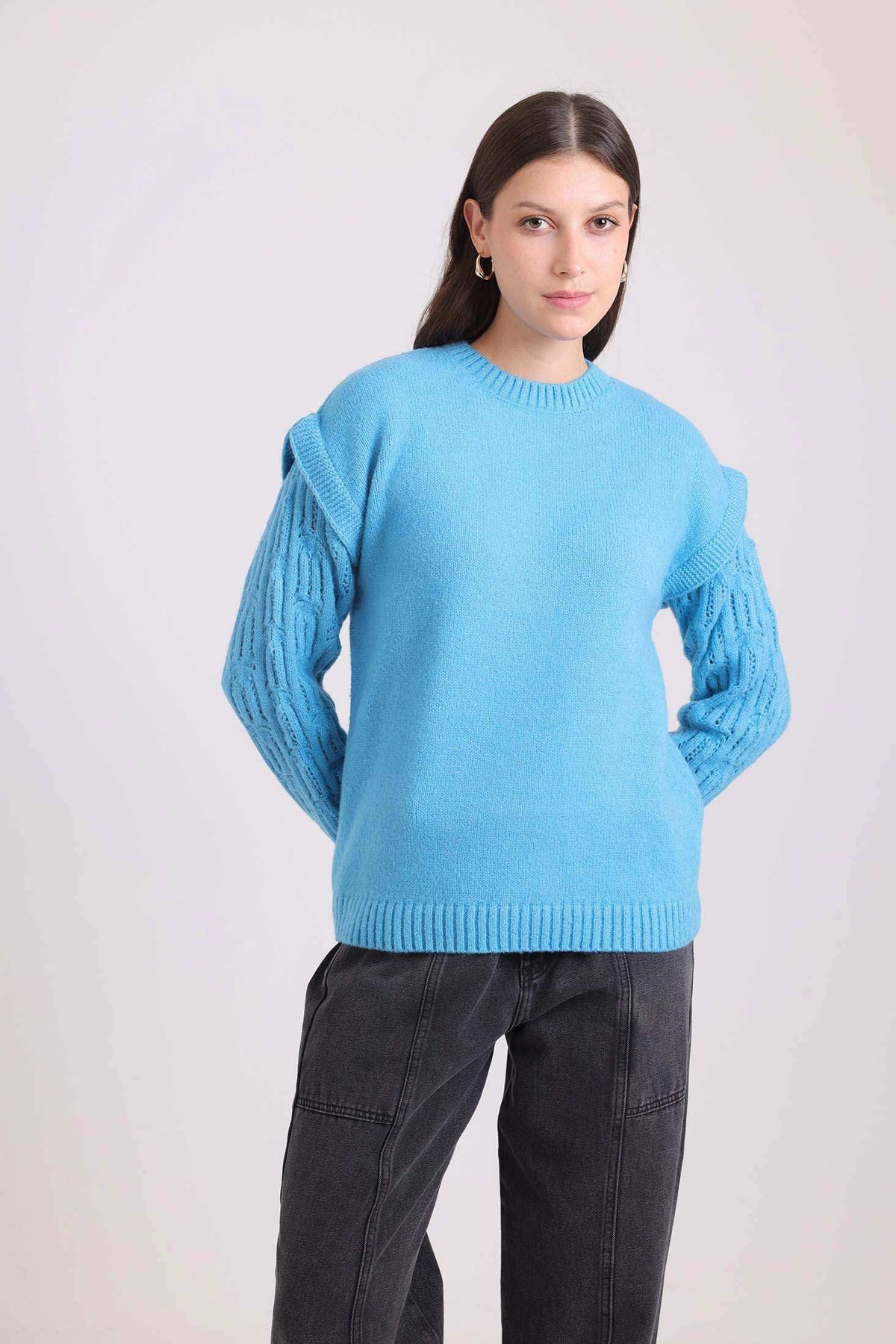 Slip On Solid Pullover with Knitted Sleeve