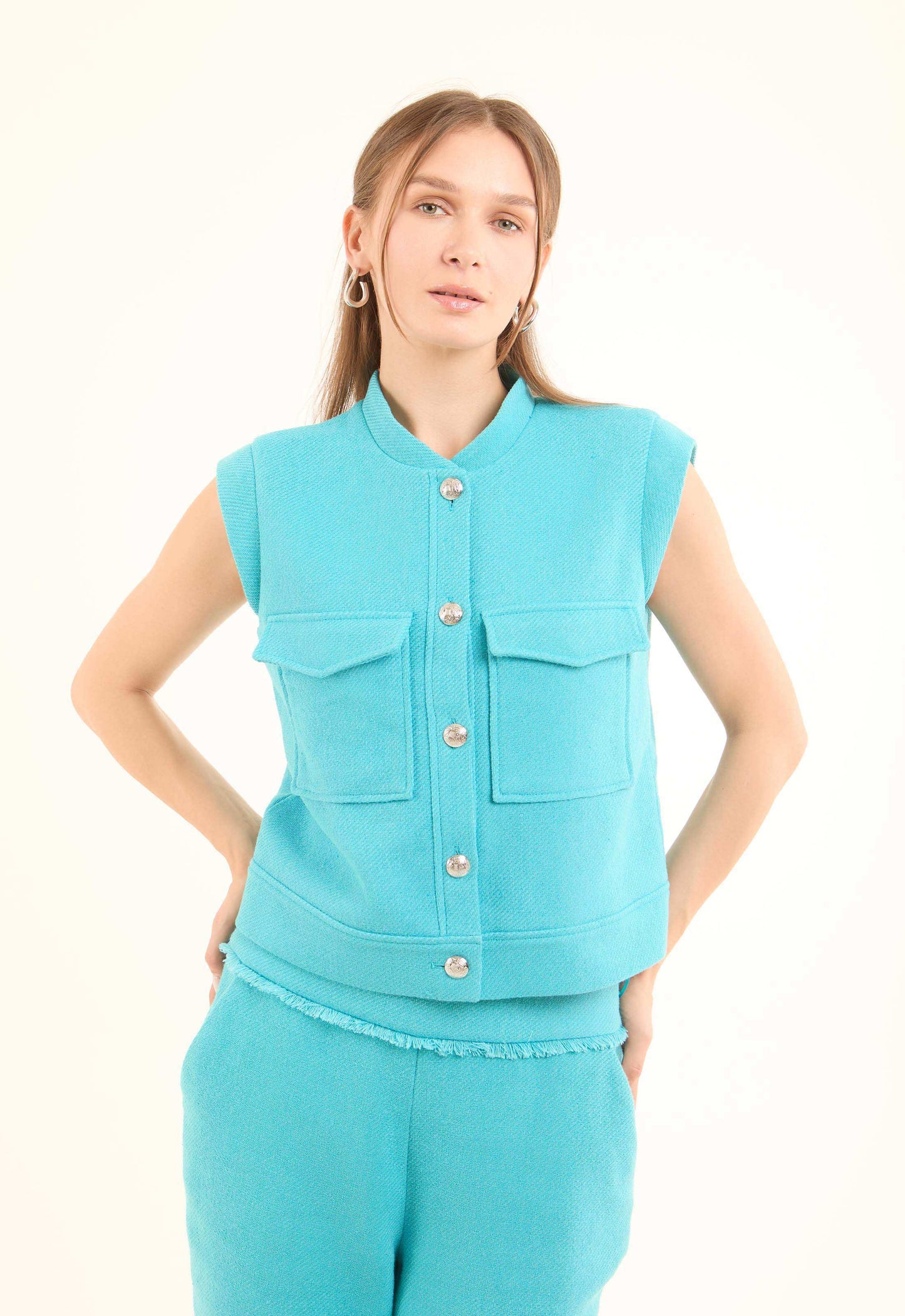 Sleeveless Tweed Vest with Gold Buttons