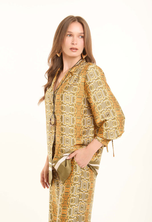 Printed Polyester Blouse with Notched Lapels