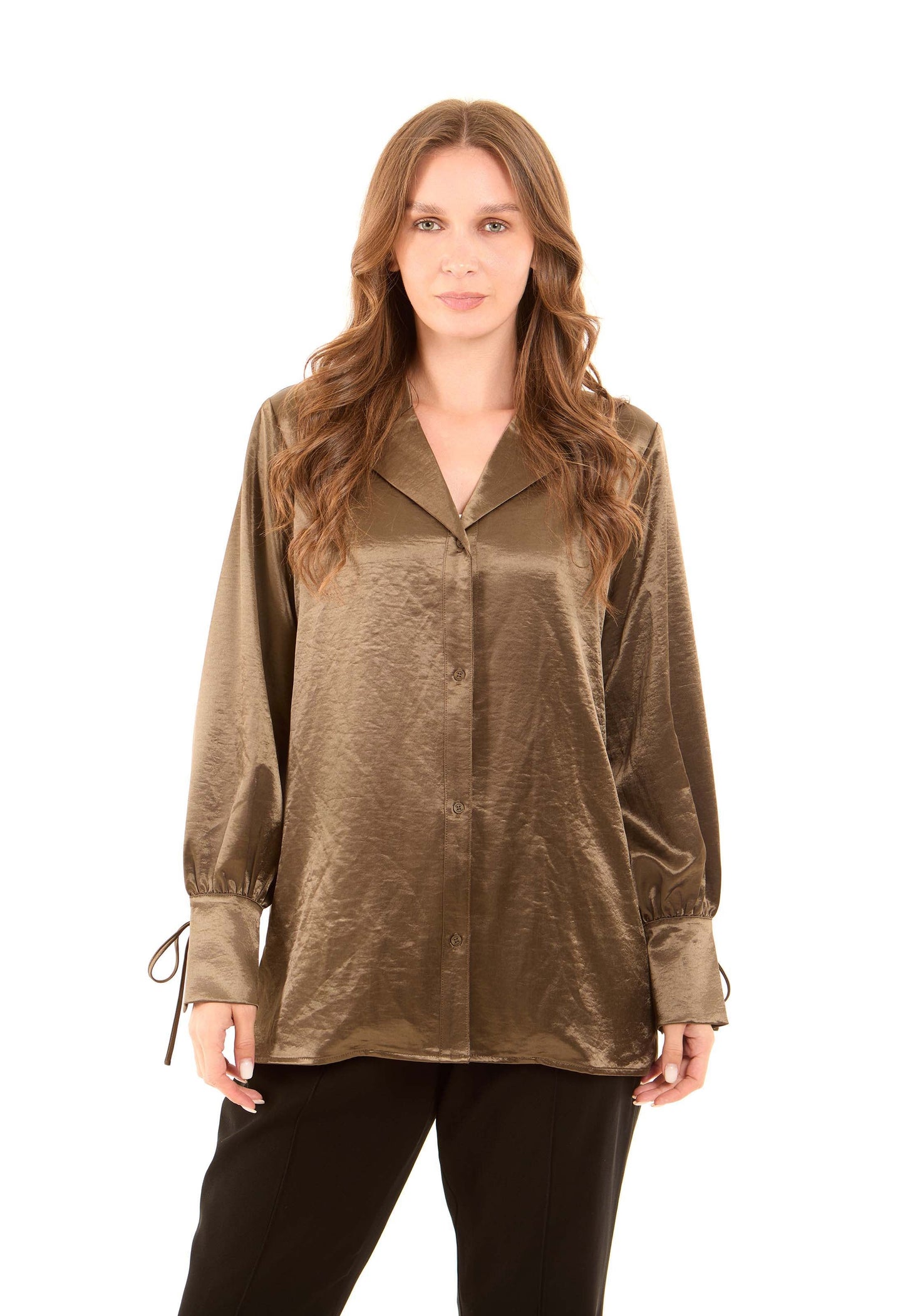 Satin-Feel Polyester Blouse with Notched Collar