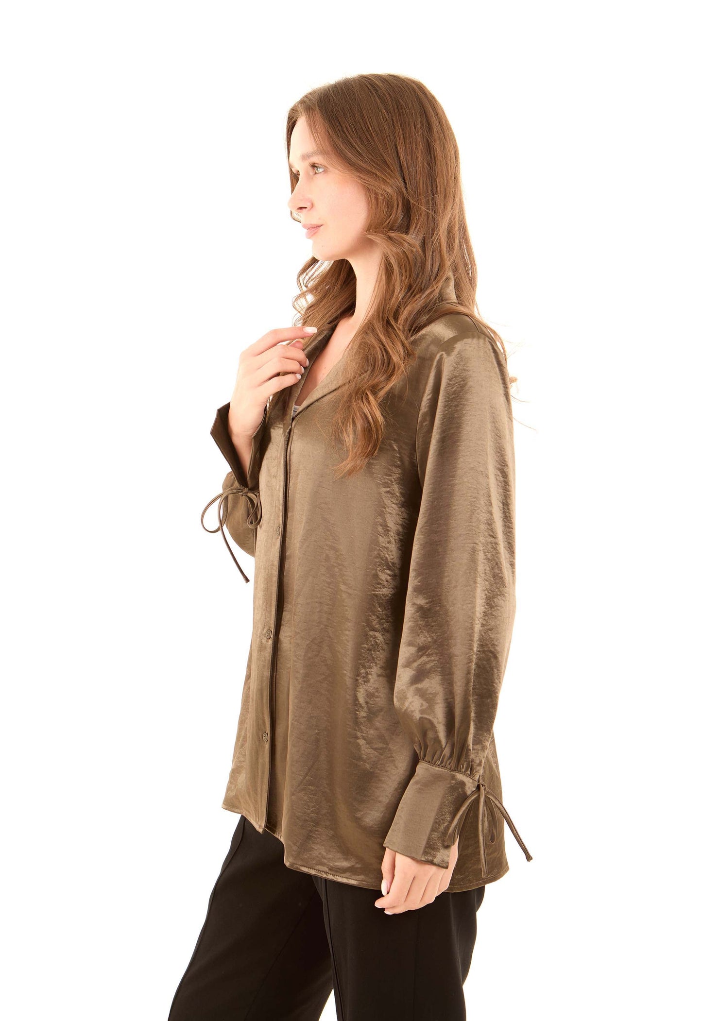 Satin-Feel Polyester Blouse with Notched Collar