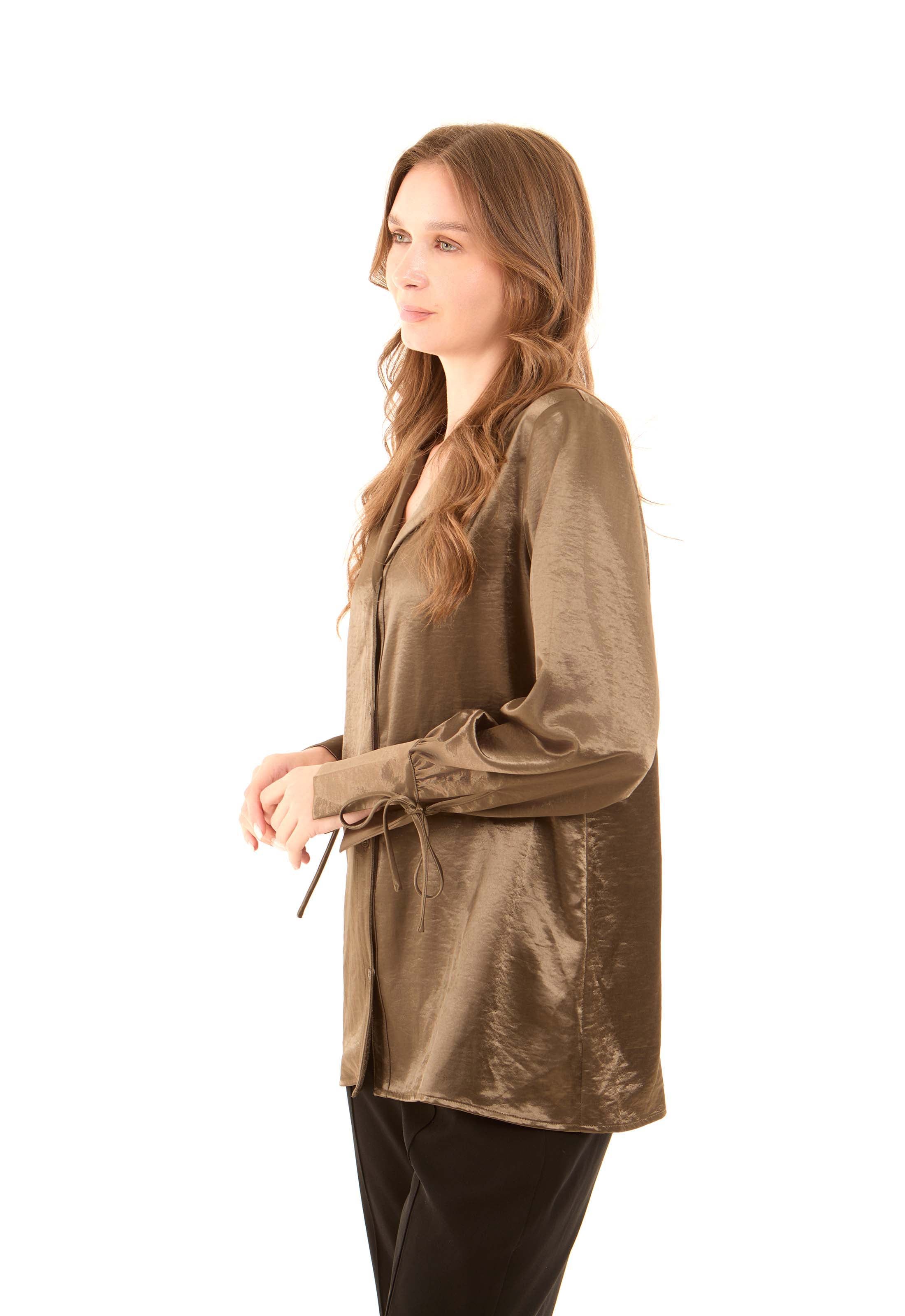 Satin-Feel Polyester Blouse with Notched Collar