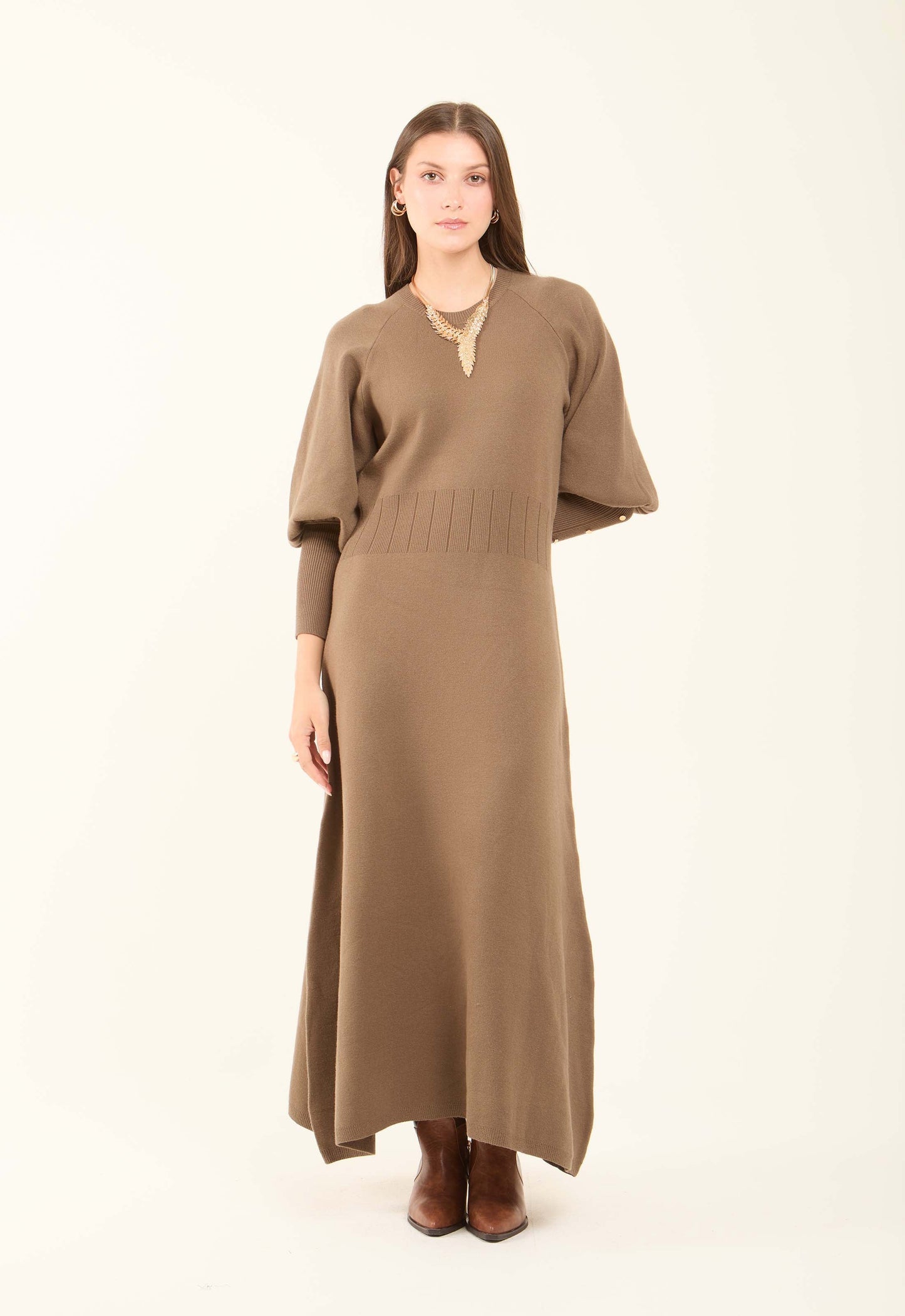 Ribbed Bishop Sleeves Dress with Golden Buttons