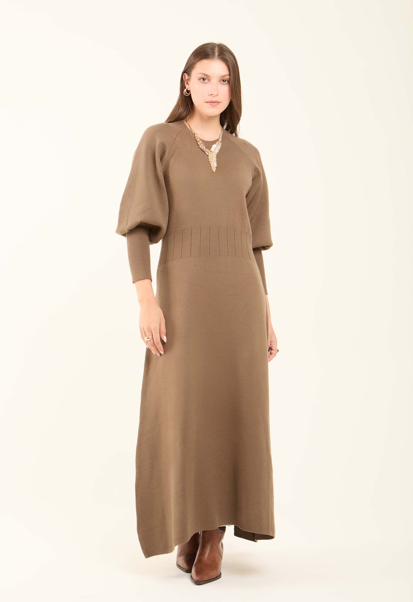 Ribbed Bishop Sleeves Dress with Golden Buttons