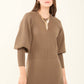 Ribbed Bishop Sleeves Dress with Golden Buttons