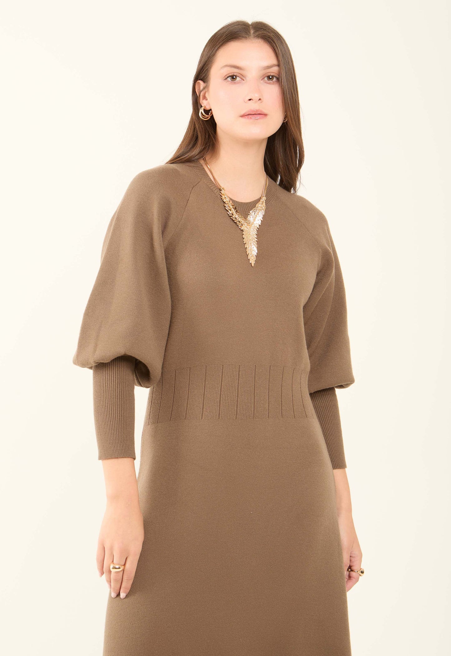 Ribbed Bishop Sleeves Dress with Golden Buttons