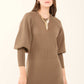 Ribbed Bishop Sleeves Dress with Golden Buttons