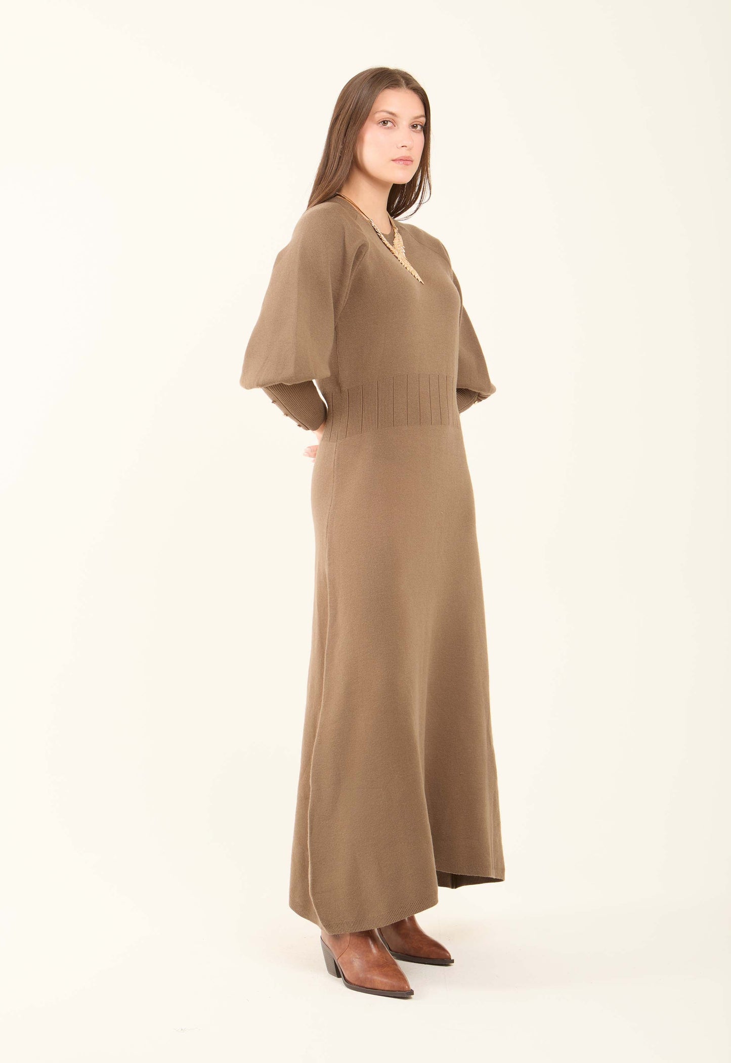 Ribbed Bishop Sleeves Dress with Golden Buttons