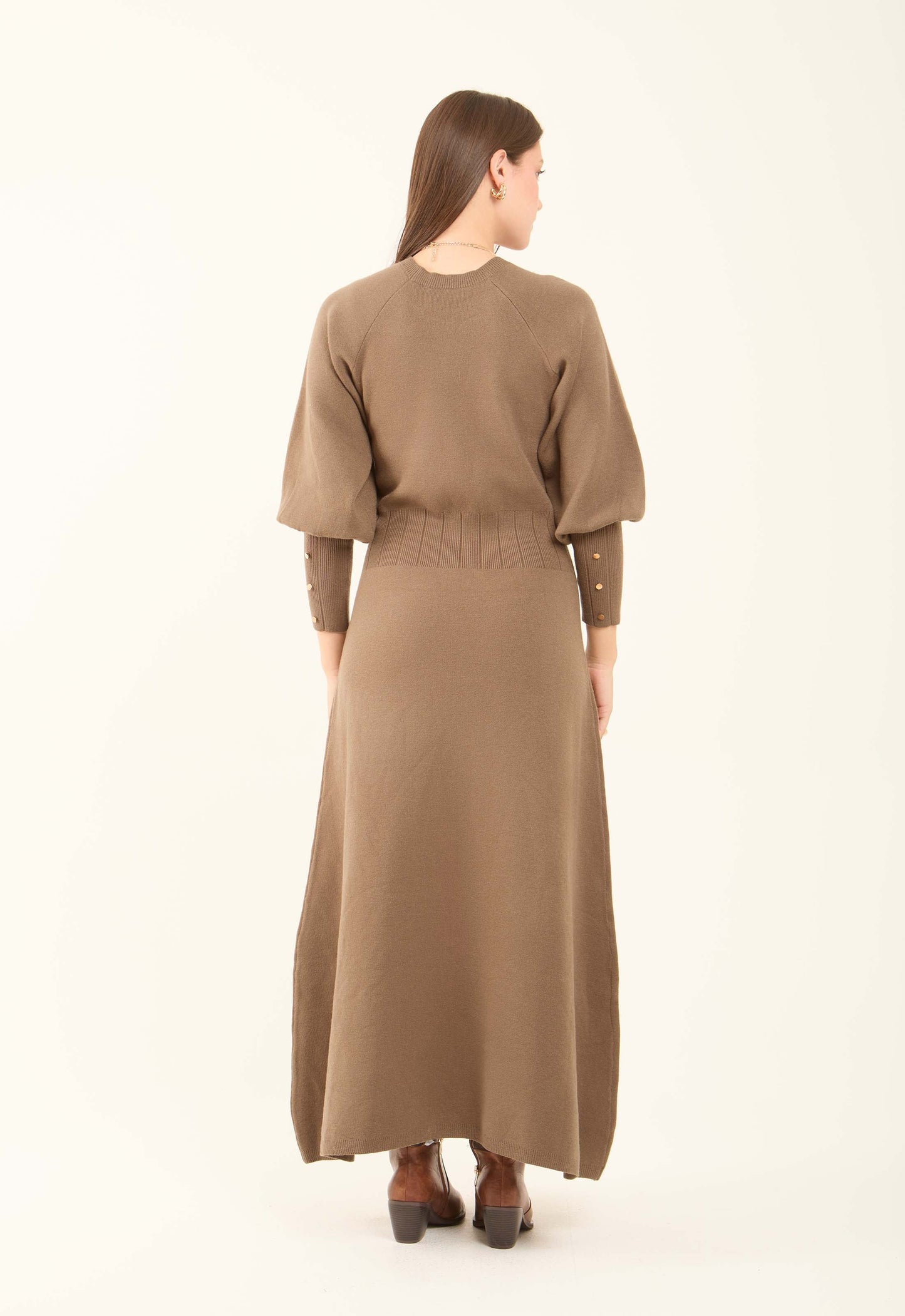 Ribbed Bishop Sleeves Dress with Golden Buttons