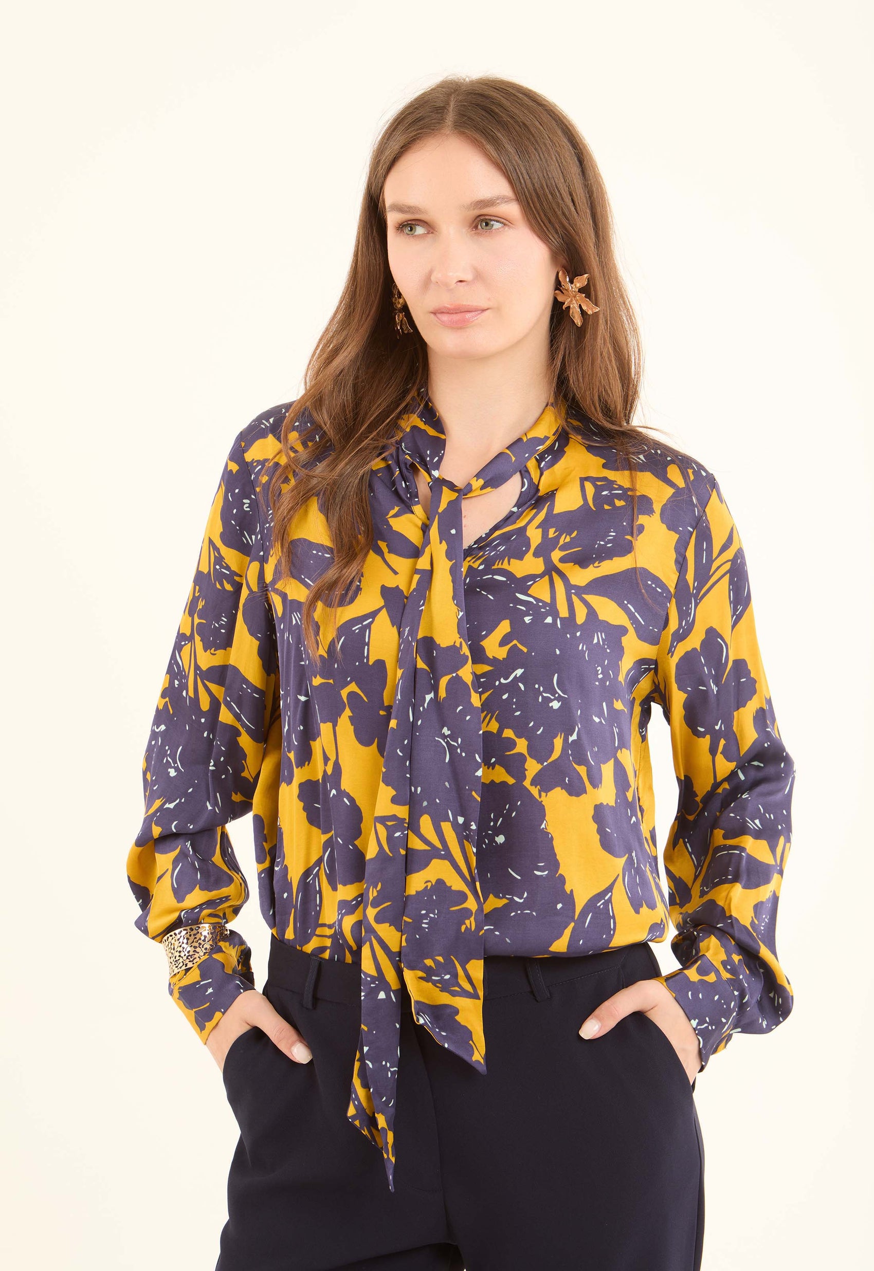 Floral Tie-Neck Viscose Blouse