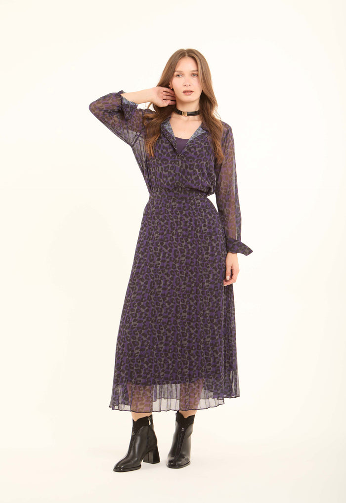 Leopard Chiffon Plisse Midi Skirt