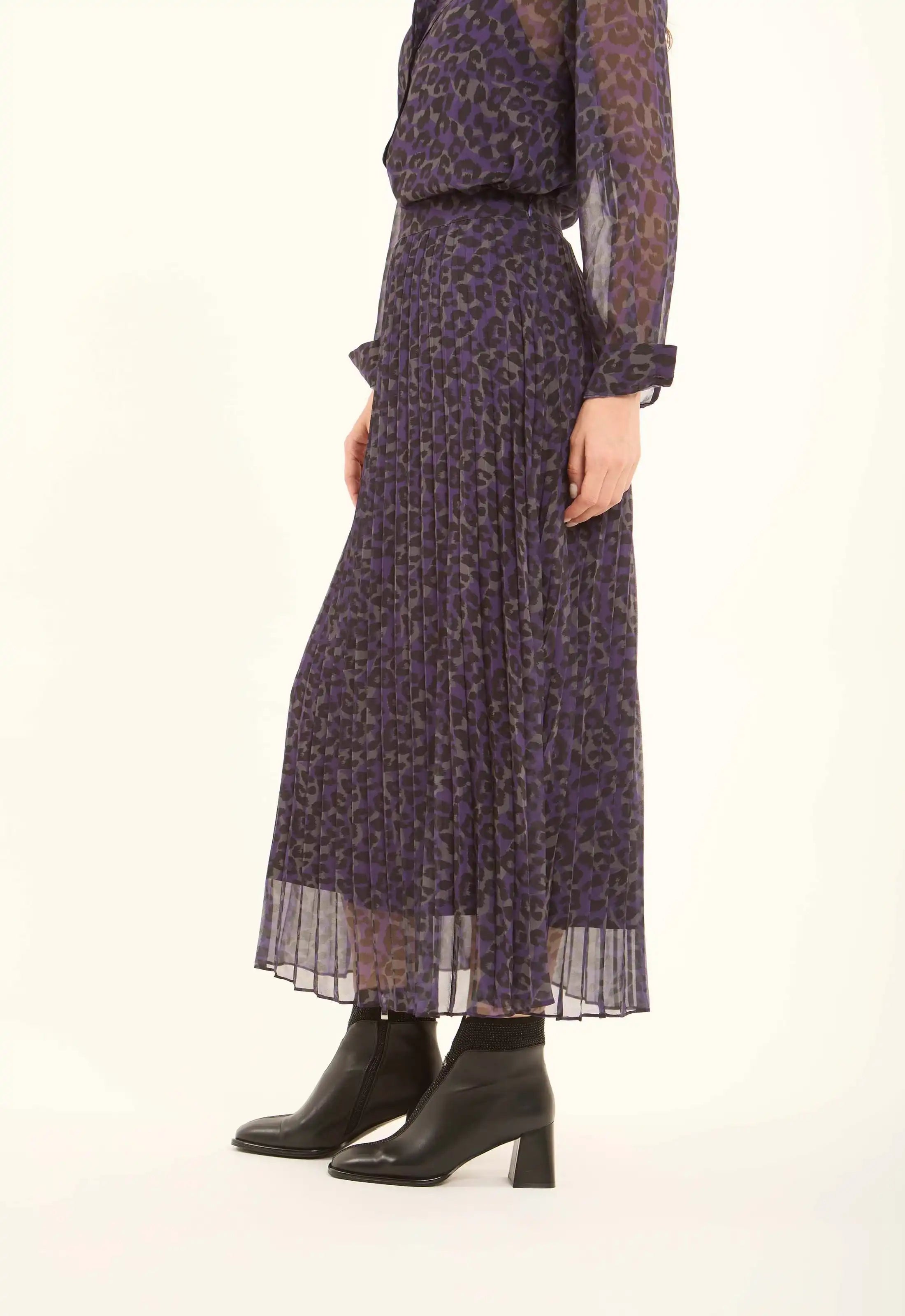 Leopard Chiffon Plisse Midi Skirt