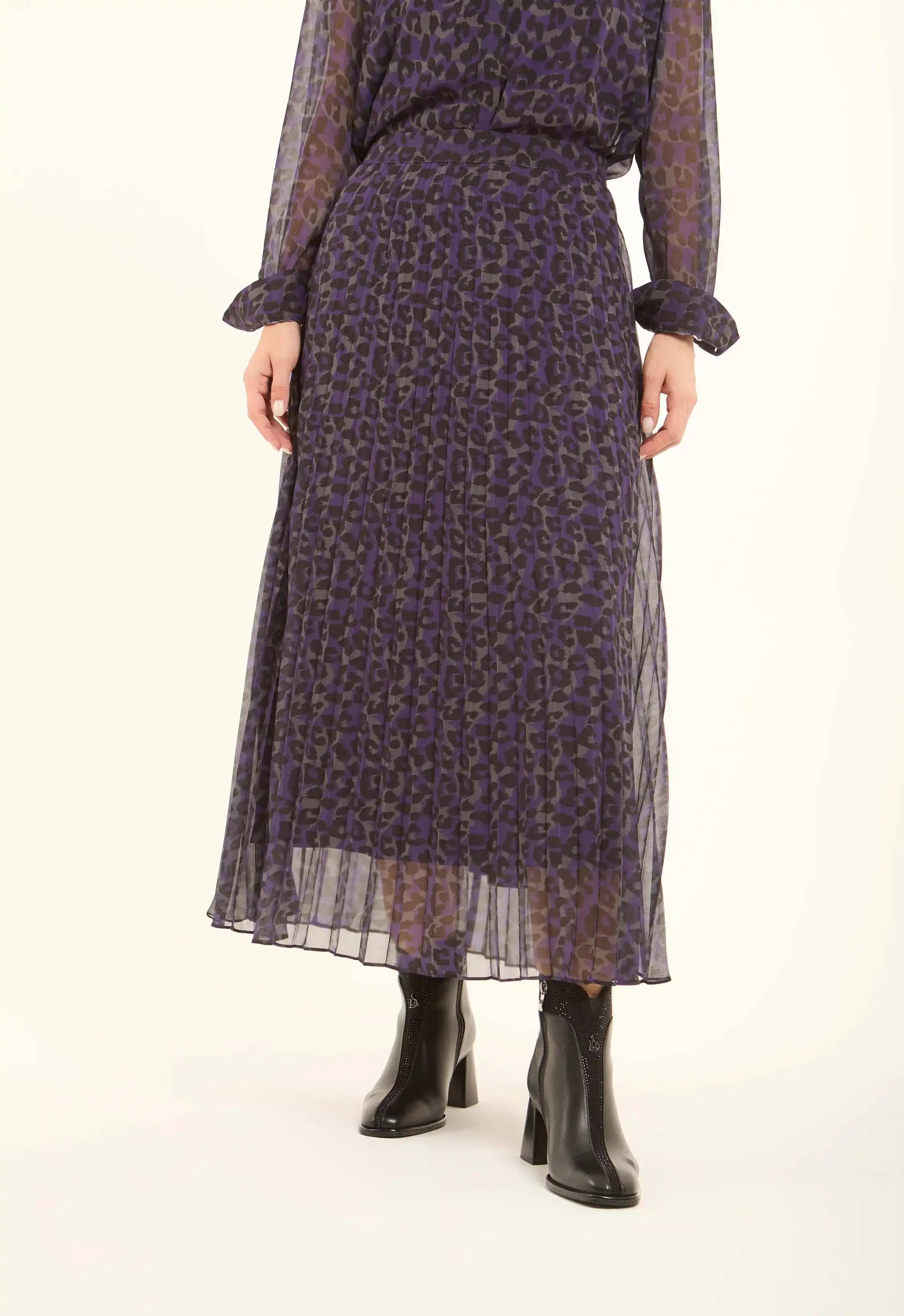 Leopard Chiffon Plisse Midi Skirt