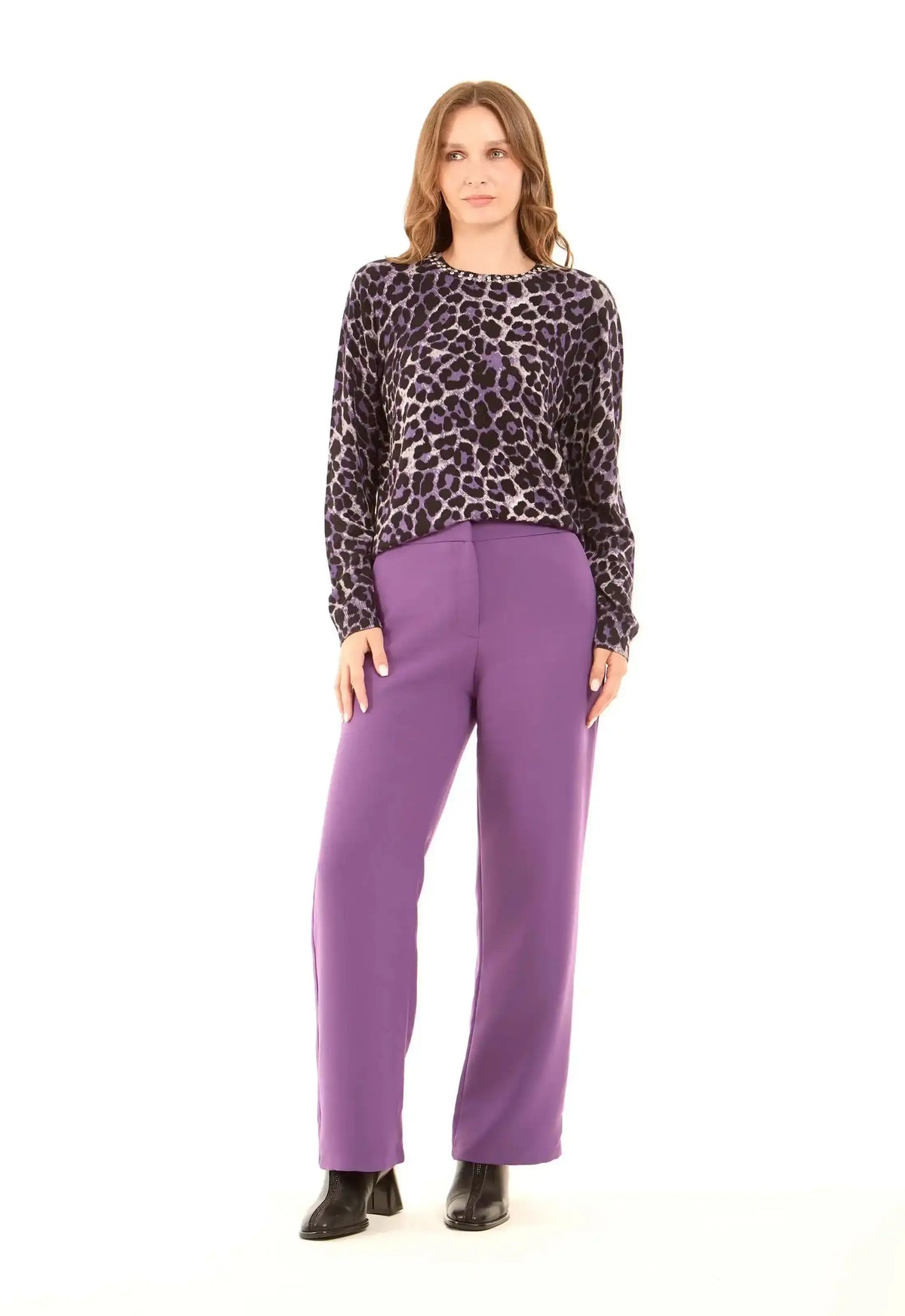 Slip On Leopard Pullover with Studded Crew Neck
