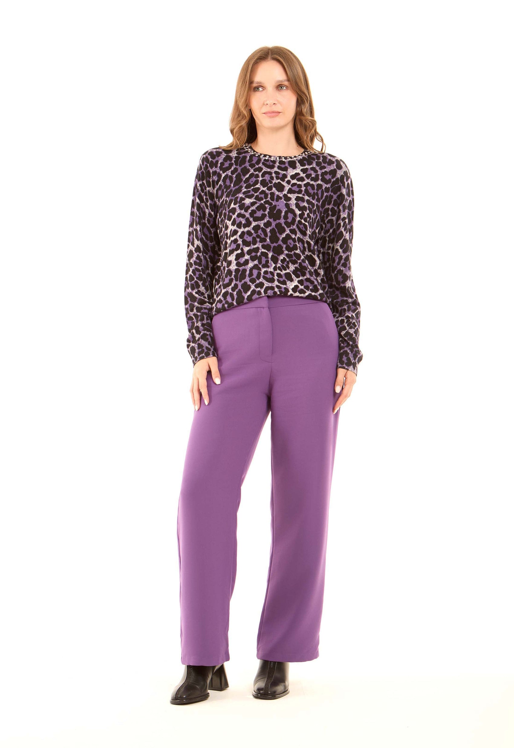 Slip On Leopard Pullover with Studded Crew Neck