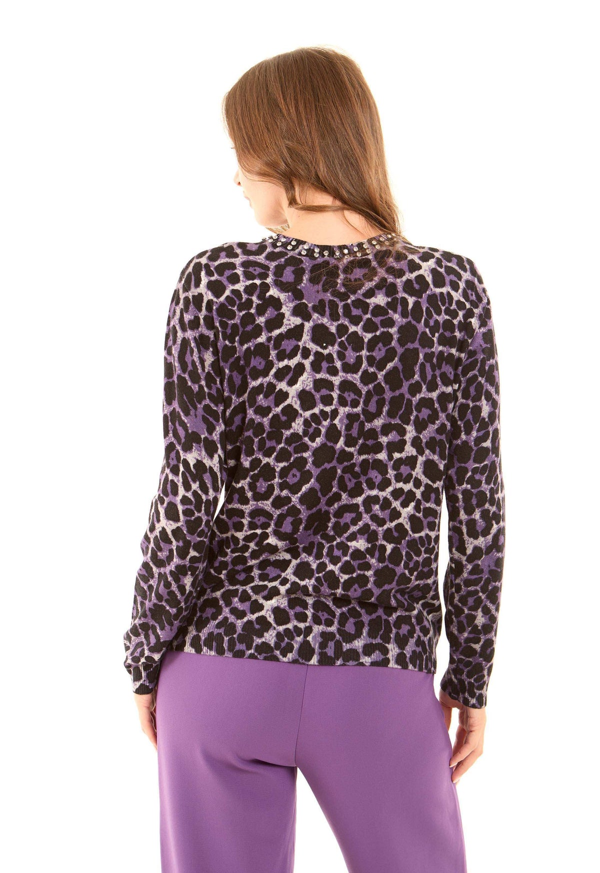 Slip On Leopard Pullover with Studded Crew Neck