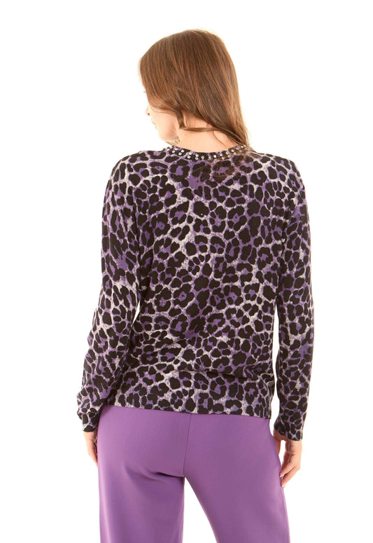 Slip On Leopard Pullover with Studded Crew Neck