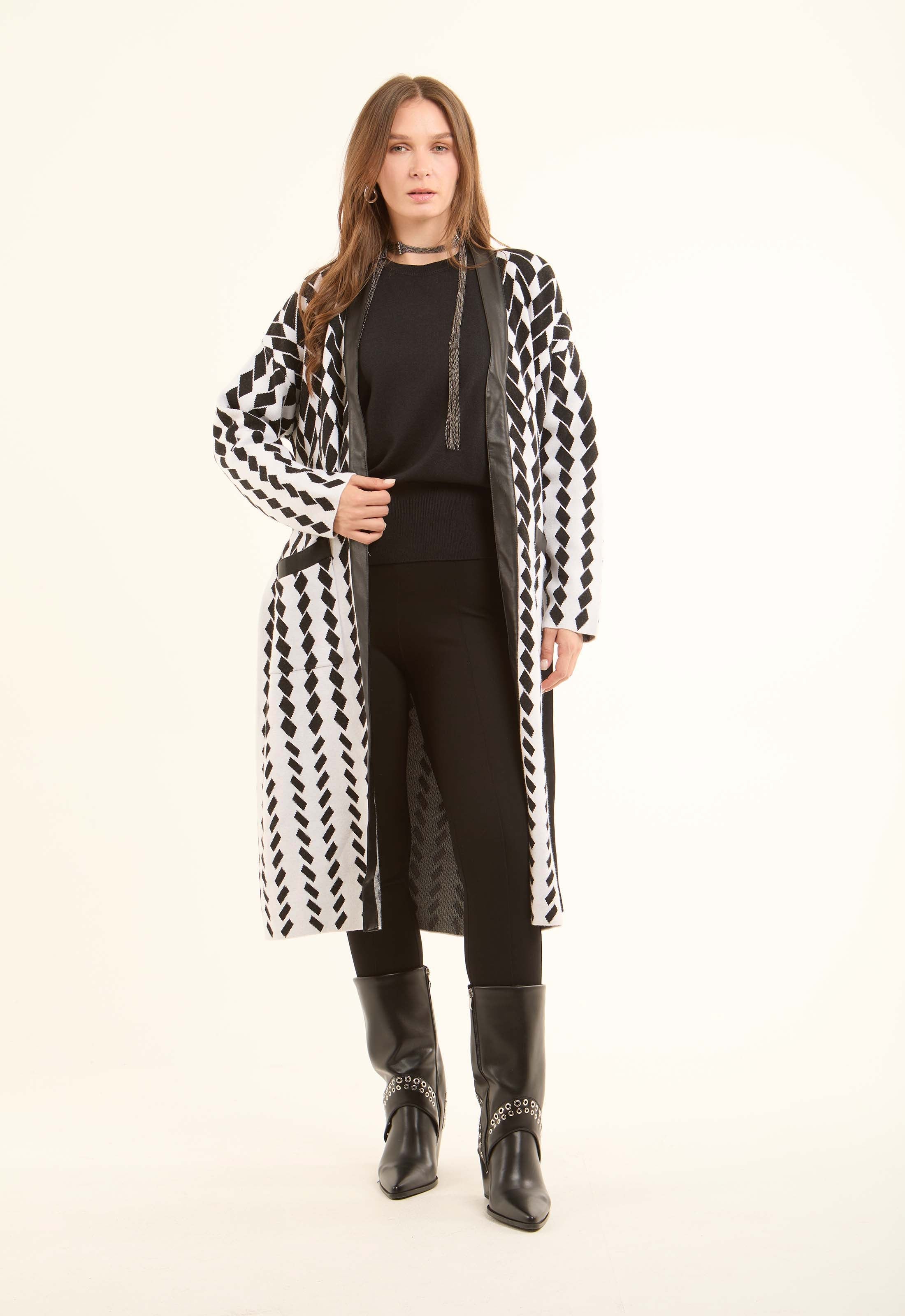 Patterned Long Cardigan with Leather Neckline