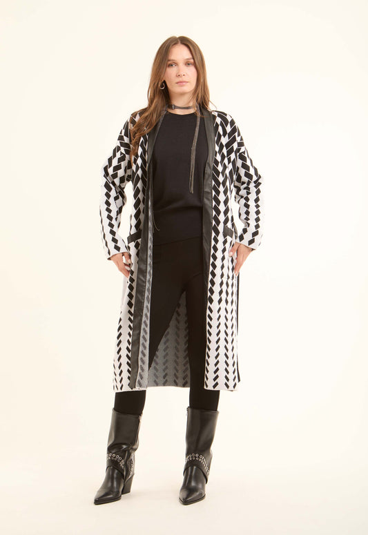 Patterned Long Cardigan with Leather Neckline