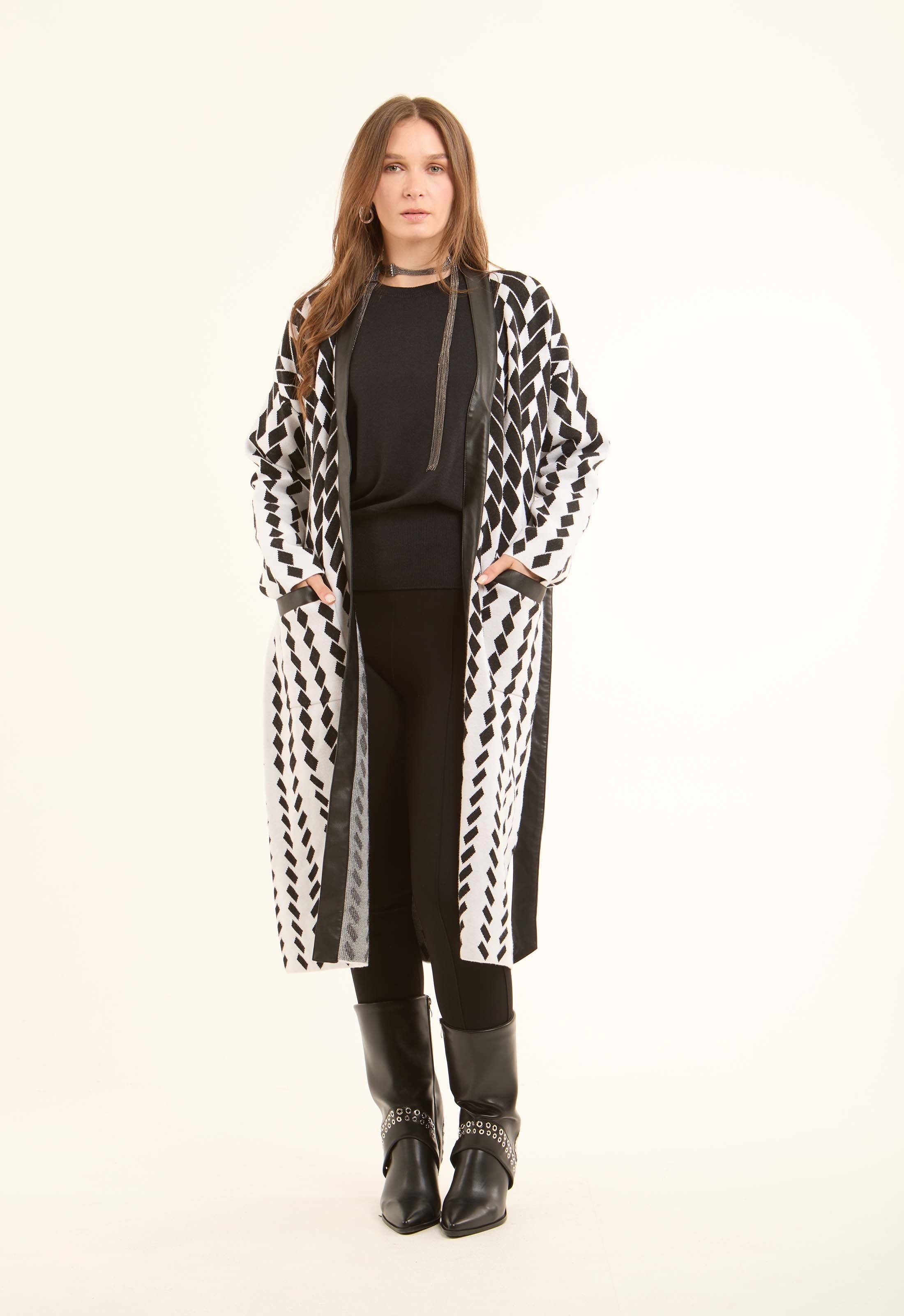 Patterned Long Cardigan with Leather Neckline