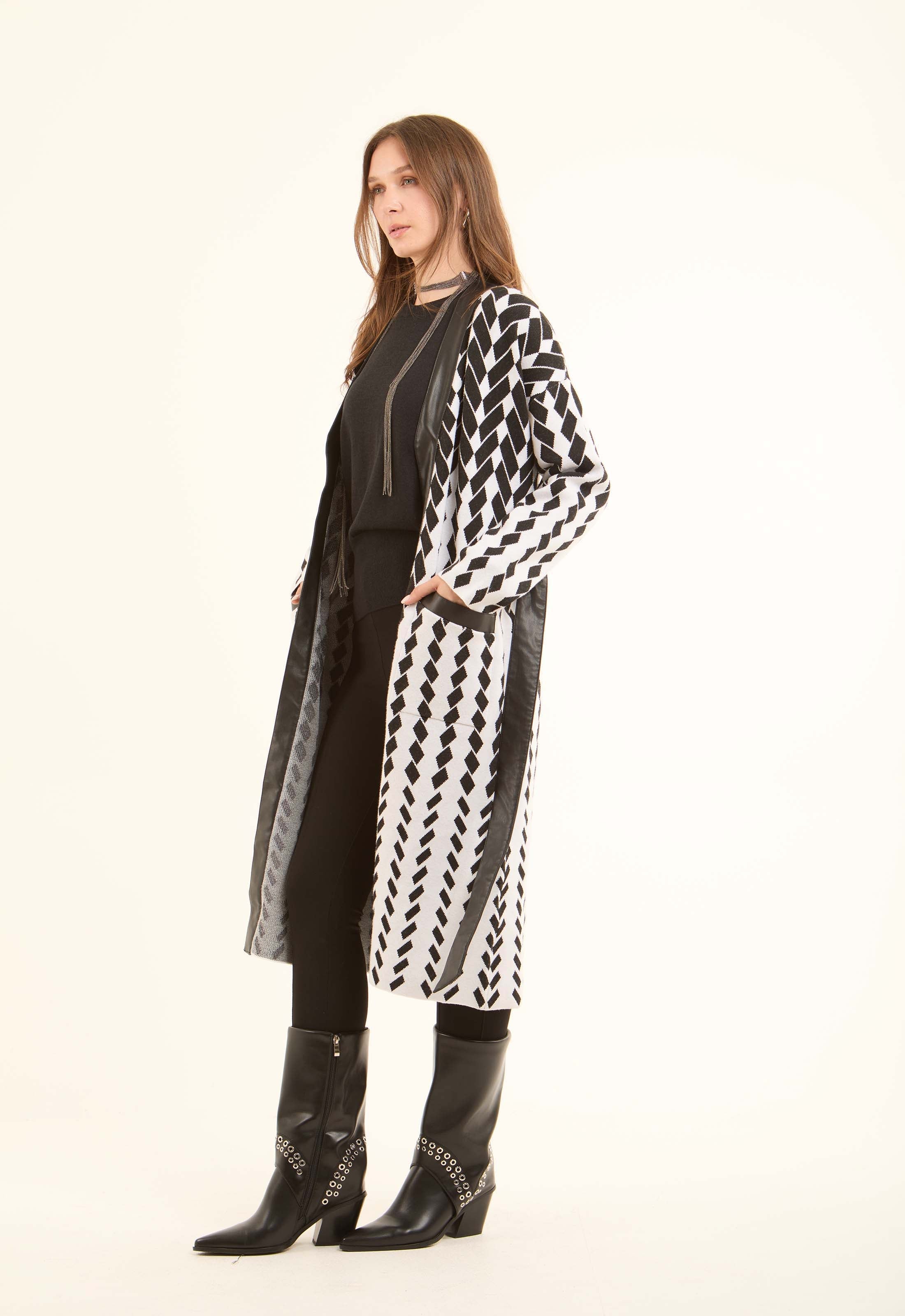 Patterned Long Cardigan with Leather Neckline