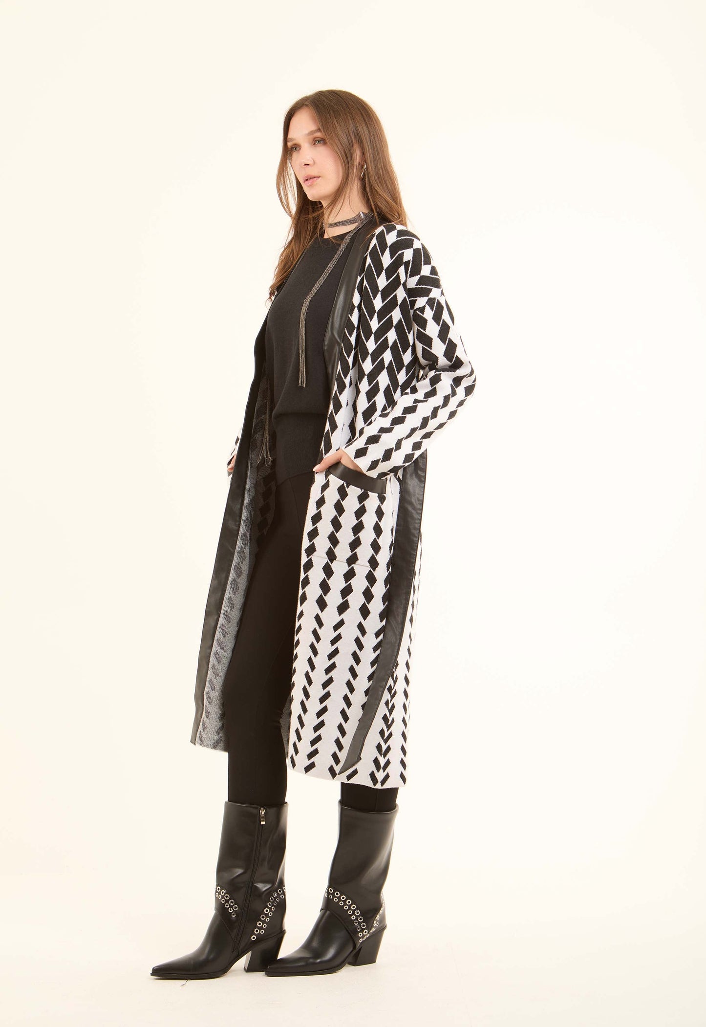Patterned Long Cardigan with Leather Neckline