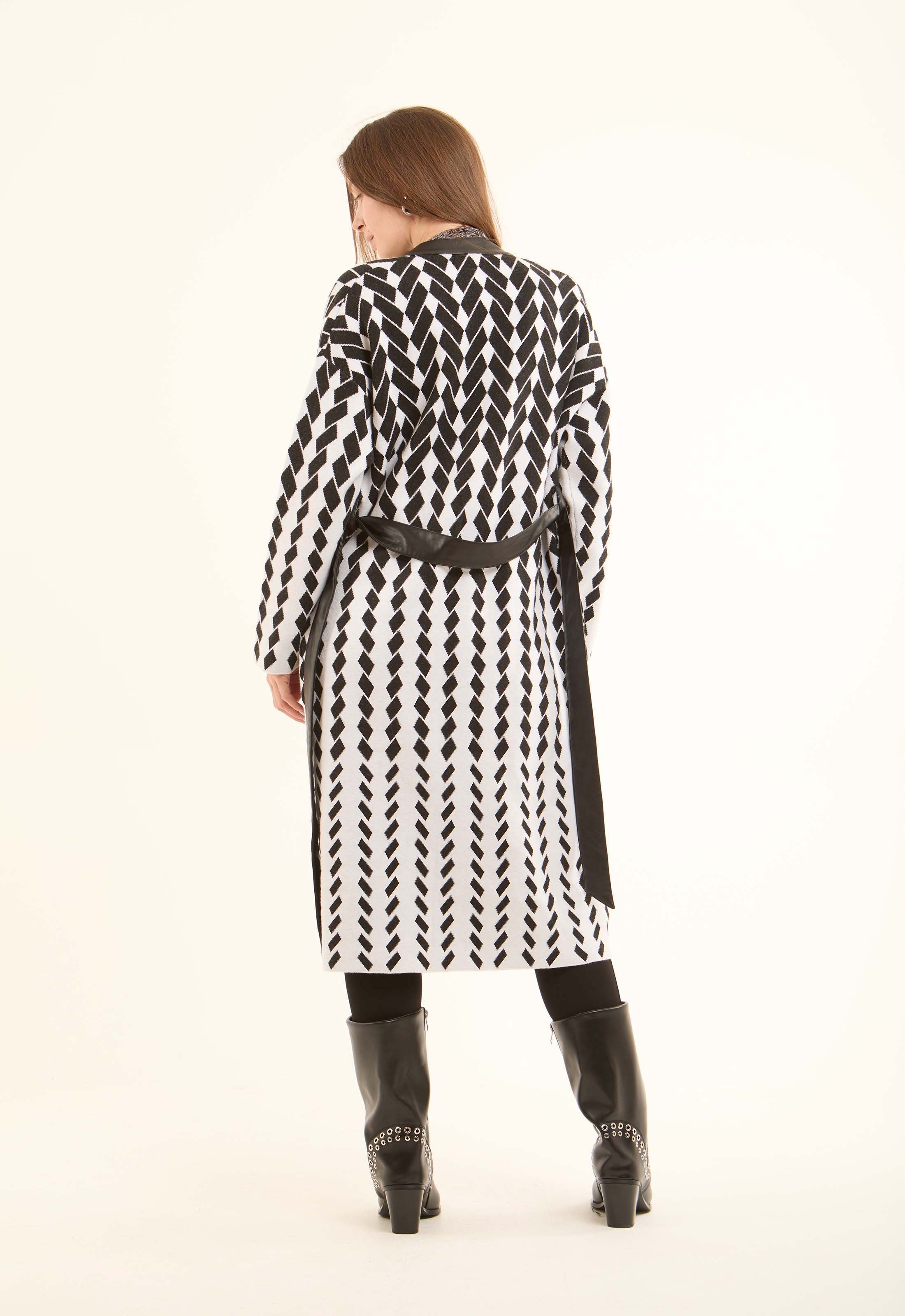 Patterned Long Cardigan with Leather Neckline